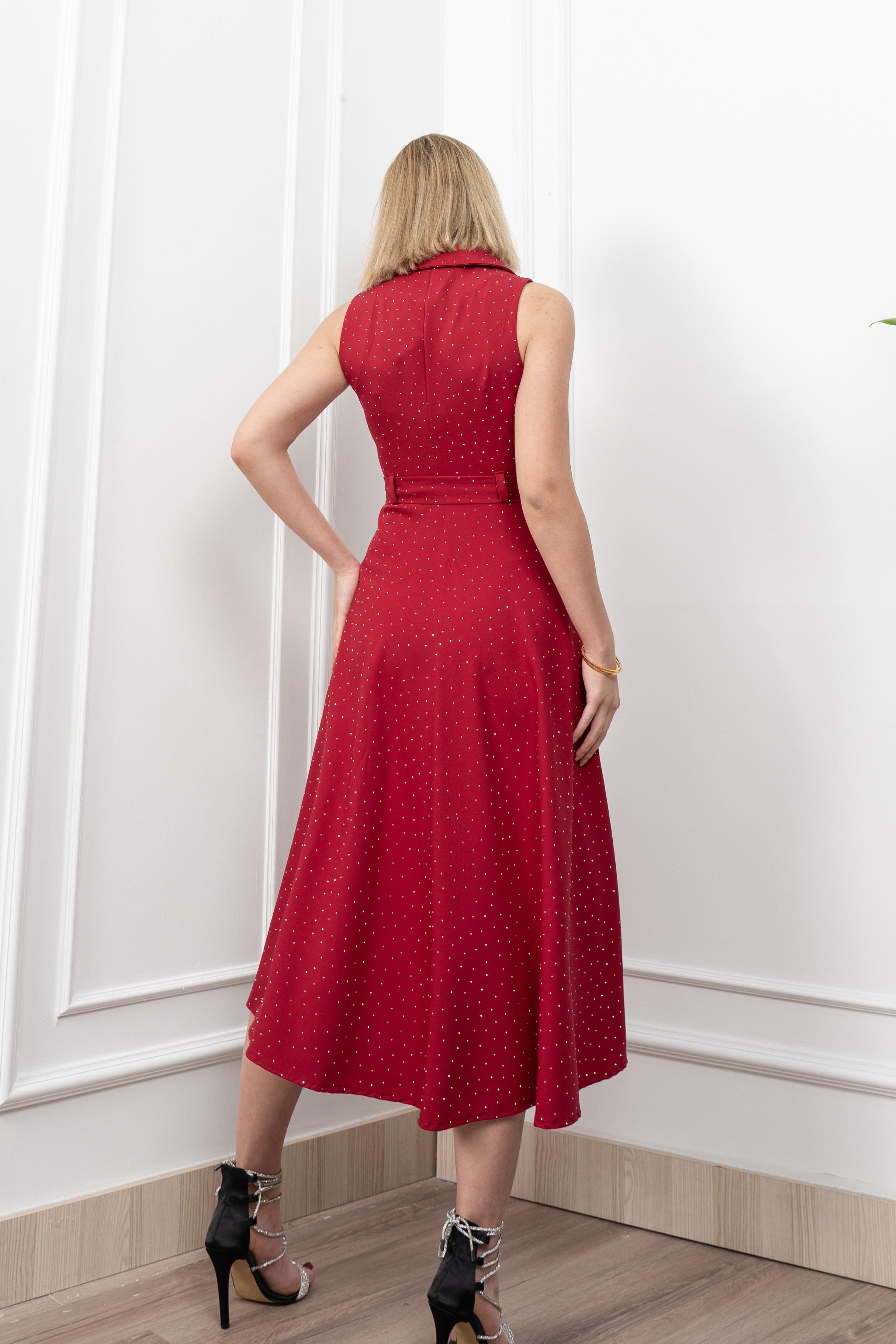 Beli Kuşaklı Yakalı Ve Taş Detaylı Uzun Elbise 50338