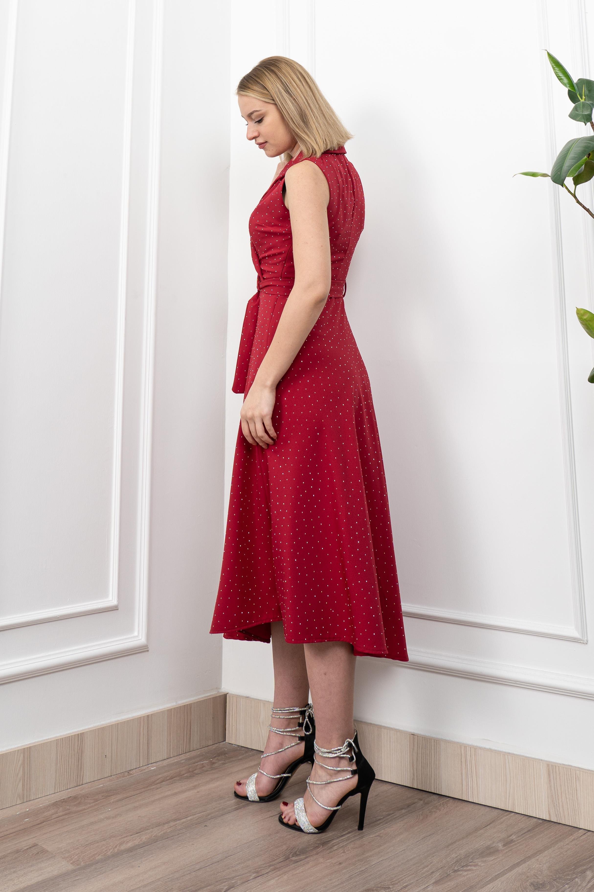 Beli Kuşaklı Yakalı Ve Taş Detaylı Uzun Elbise 50338