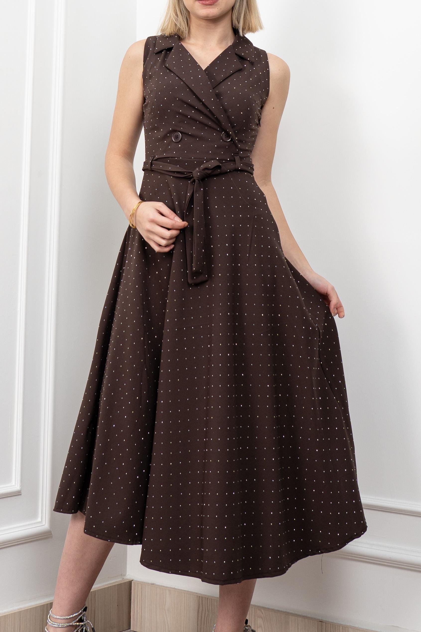 Beli Kuşaklı Yakalı Ve Taş Detaylı Uzun Elbise 50338