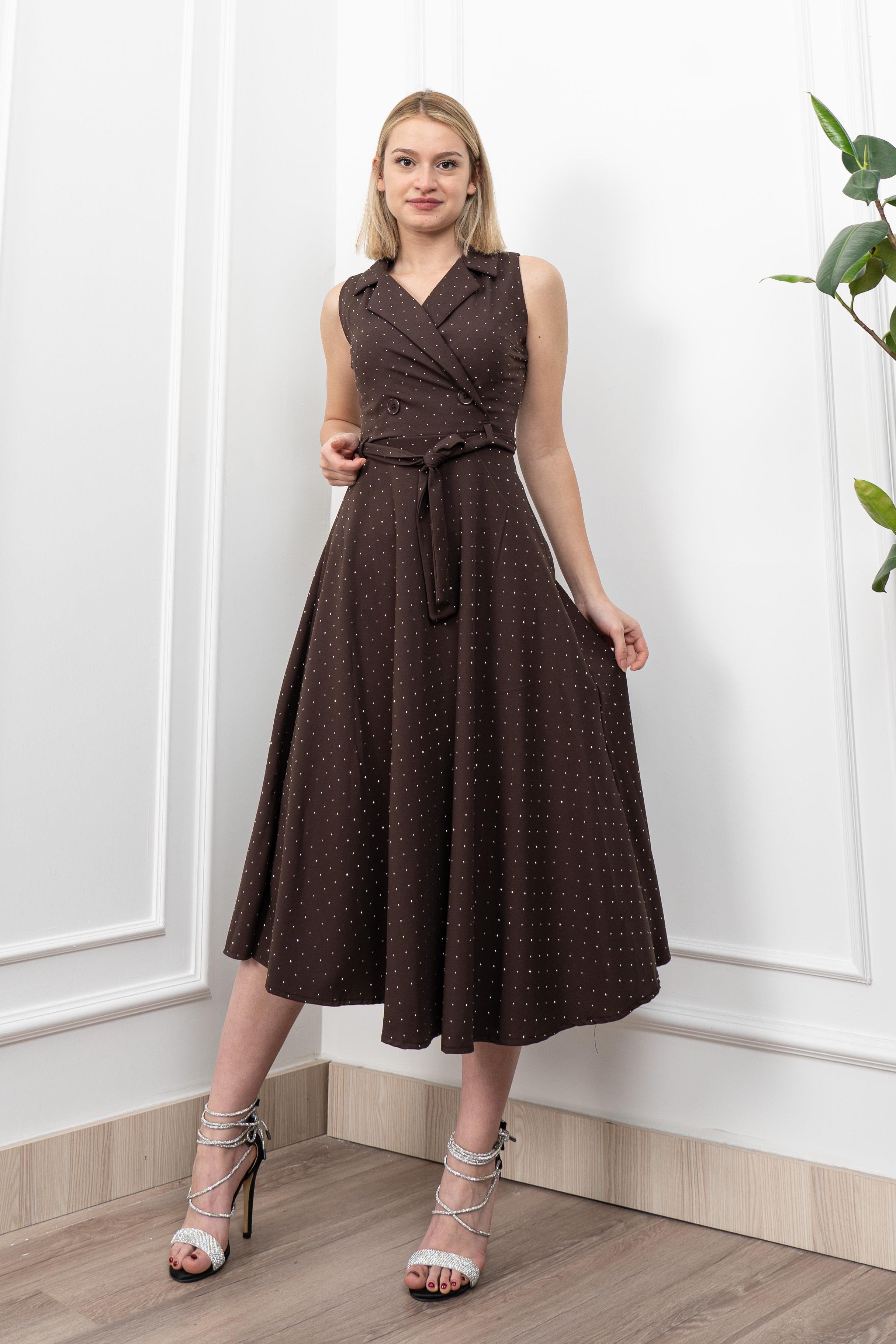 Beli Kuşaklı Yakalı Ve Taş Detaylı Uzun Elbise 50338