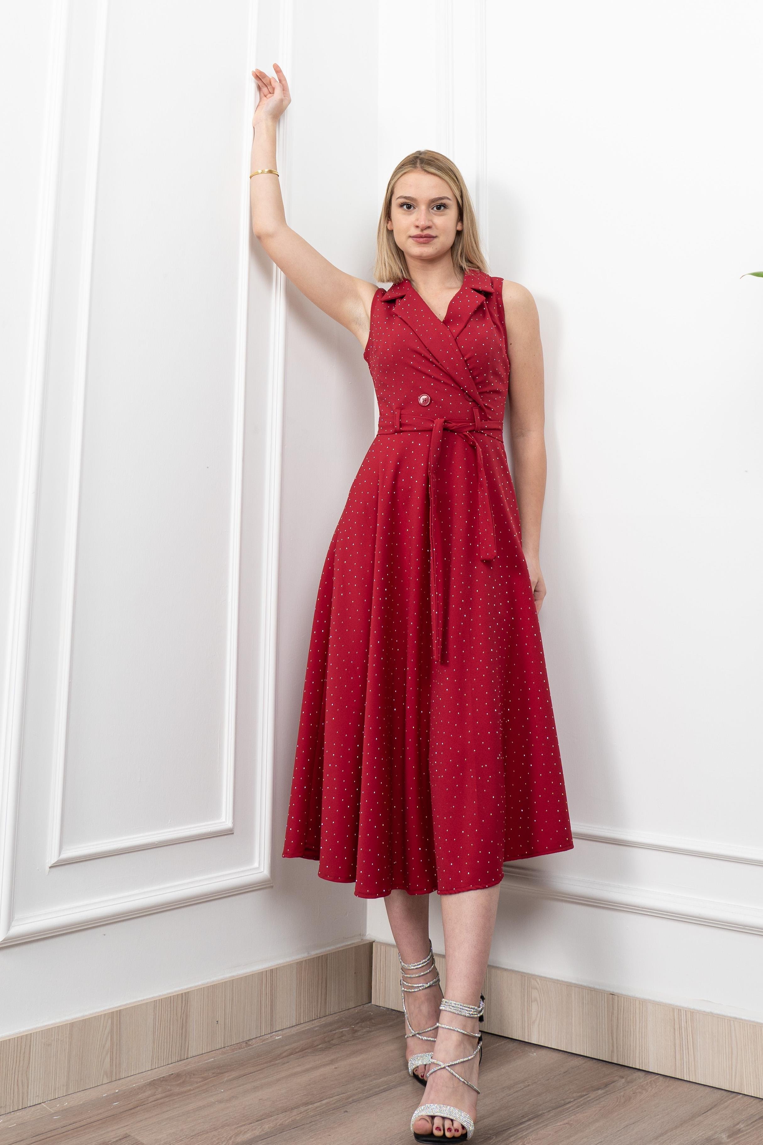 Beli Kuşaklı Yakalı Ve Taş Detaylı Uzun Elbise 50338