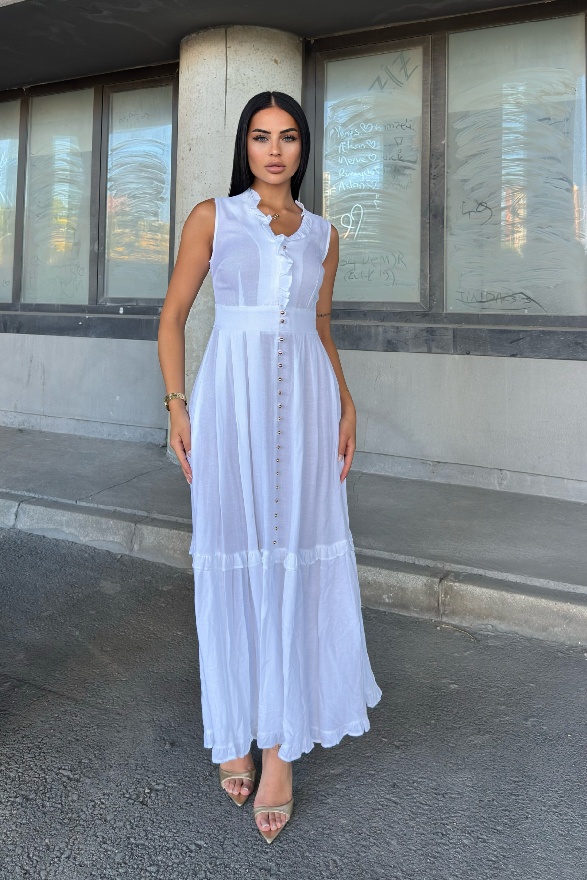 Biyeli Uzun Beyaz Keten Elbise 50321