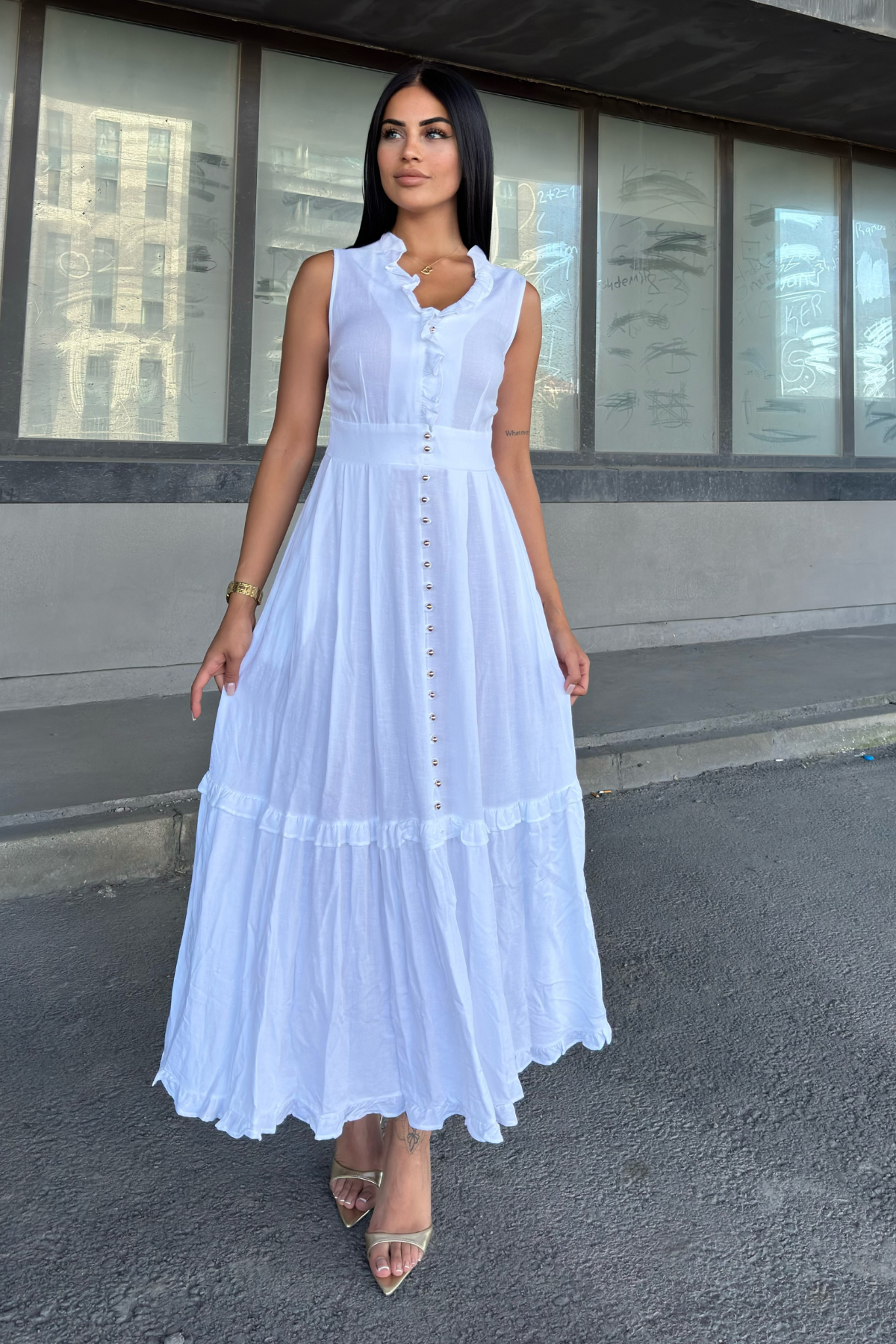 Biyeli Uzun Beyaz Keten Elbise 50321