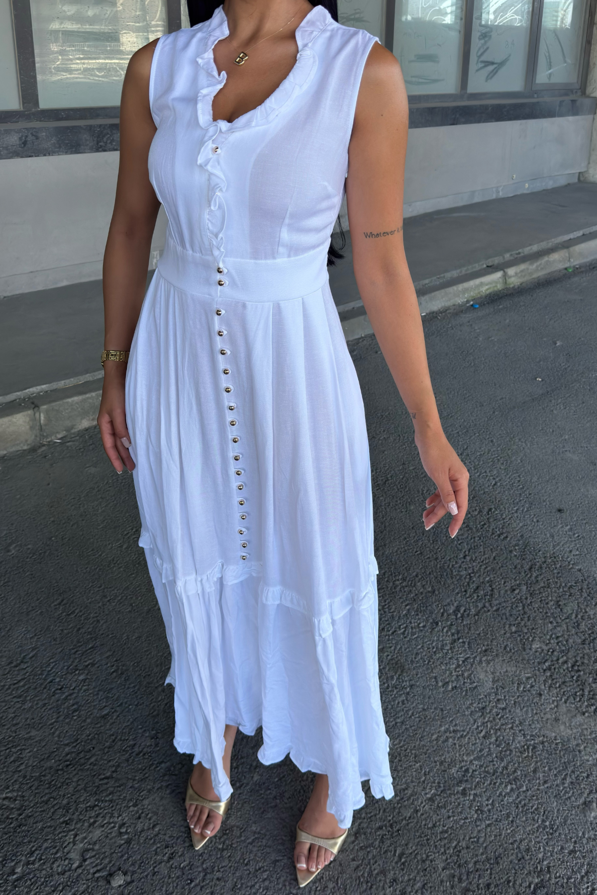 Biyeli Uzun Beyaz Keten Elbise 50321