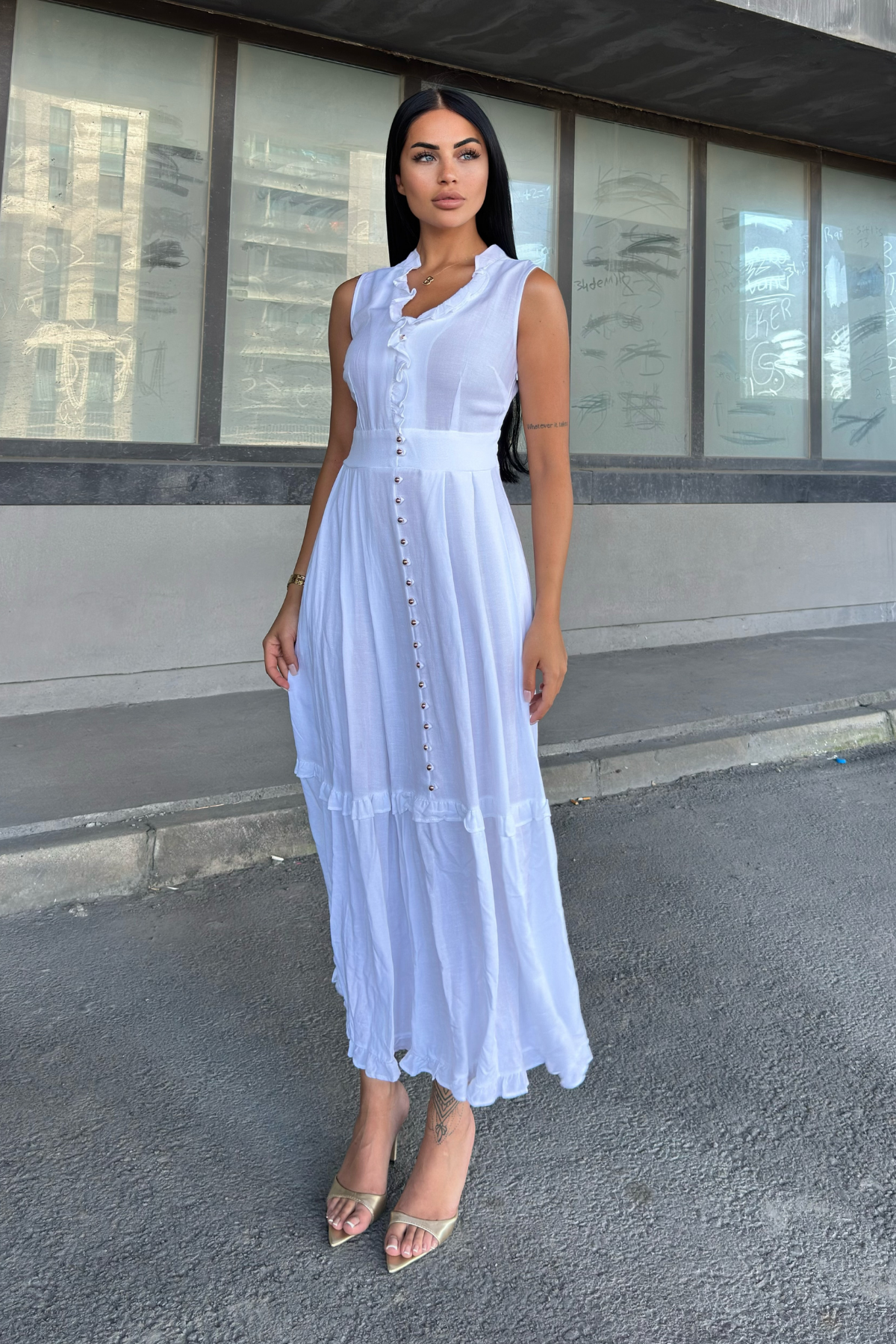 Biyeli Uzun Beyaz Keten Elbise 50321