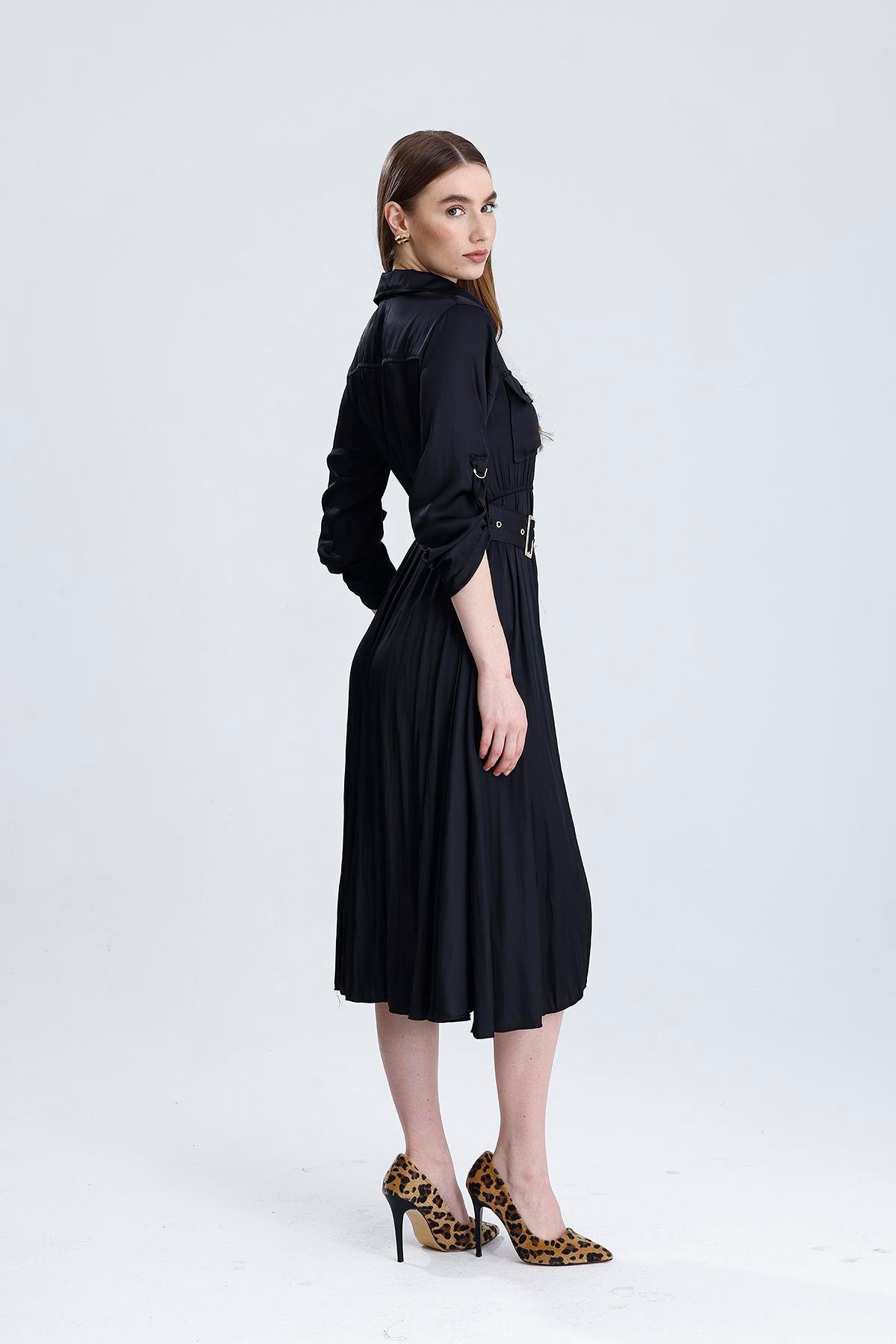 Boydan Düğmeli Beli Lastikli Ve Kemerli Saten Elbise 50306