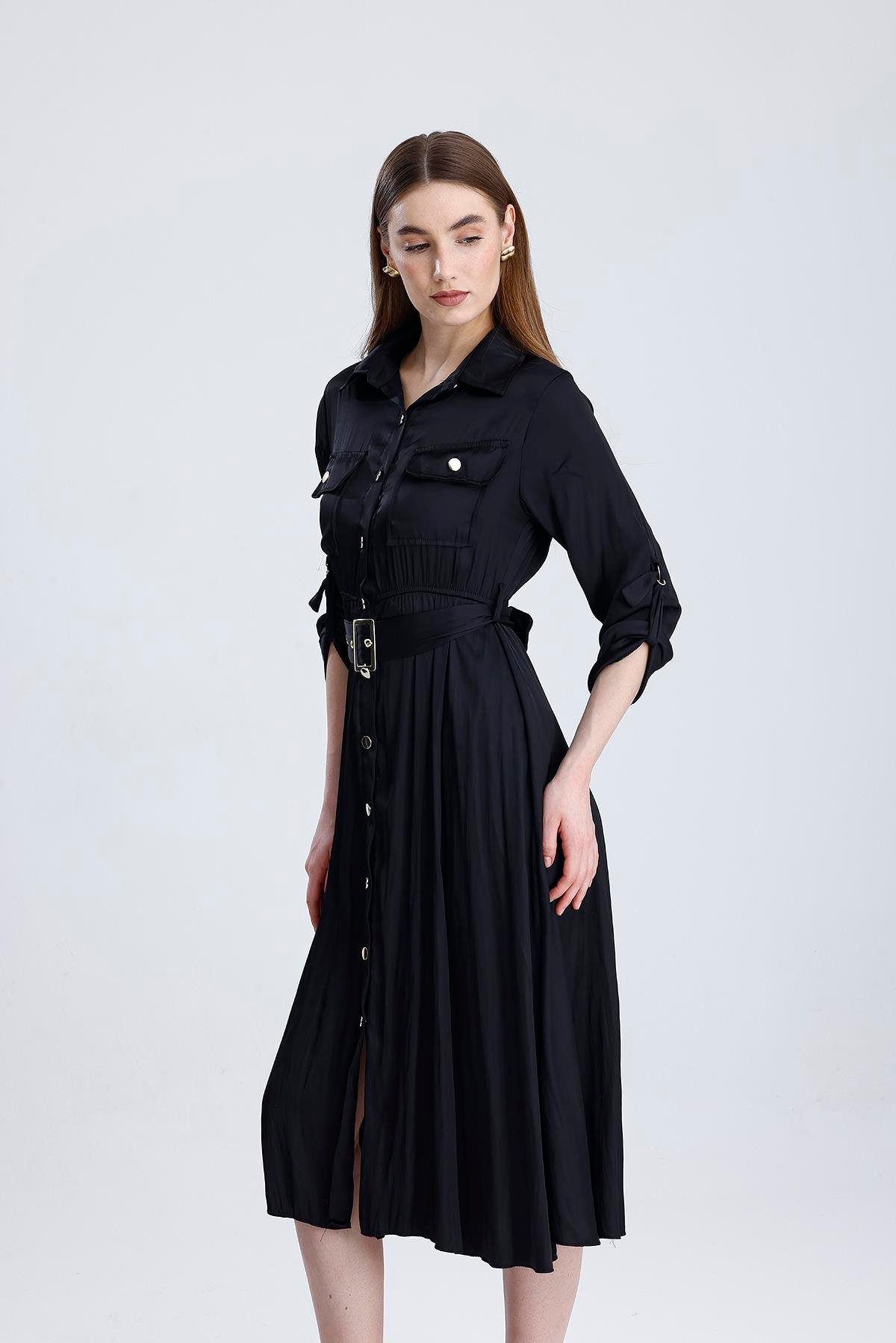 Boydan Düğmeli Beli Lastikli Ve Kemerli Saten Elbise 50306