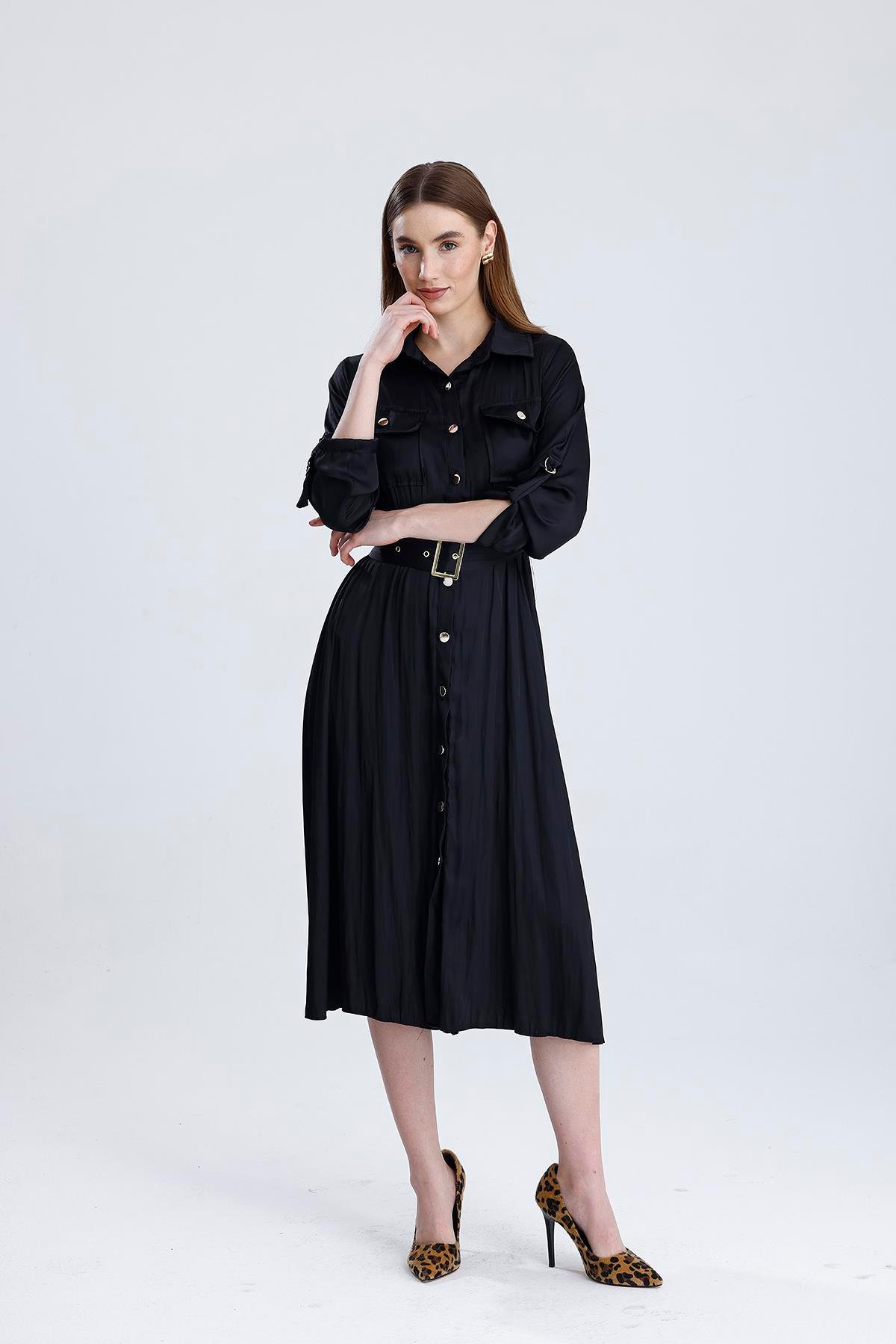 Boydan Düğmeli Beli Lastikli Ve Kemerli Saten Elbise 50306