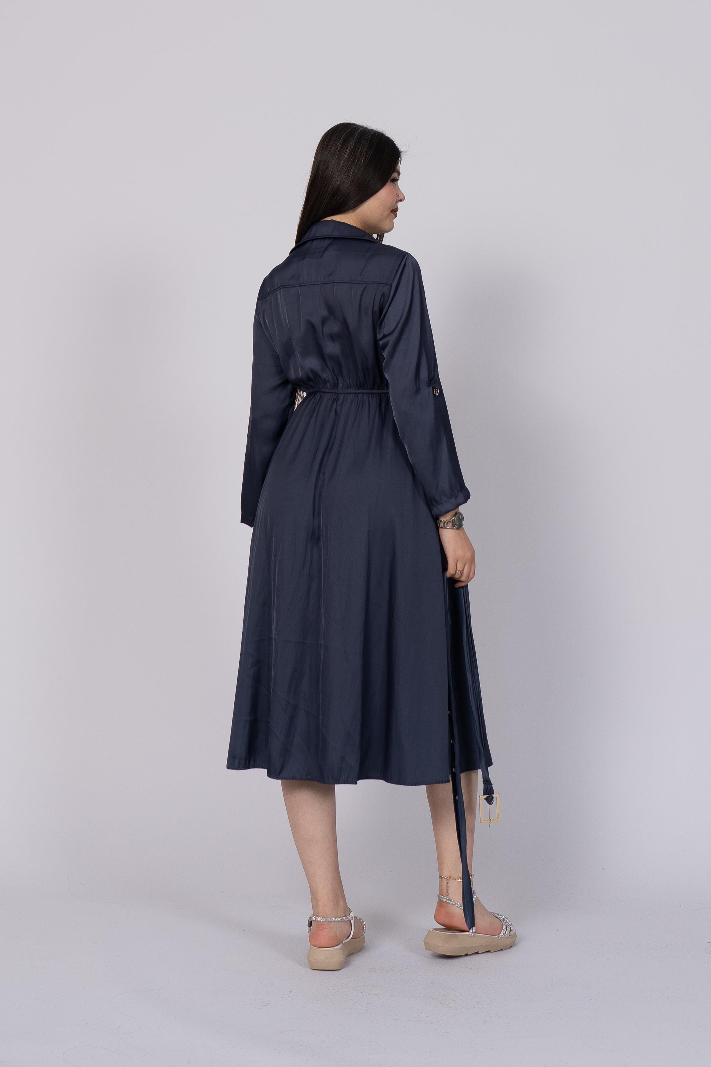 Boydan Düğmeli Beli Lastikli Ve Kemerli Saten Elbise 50306