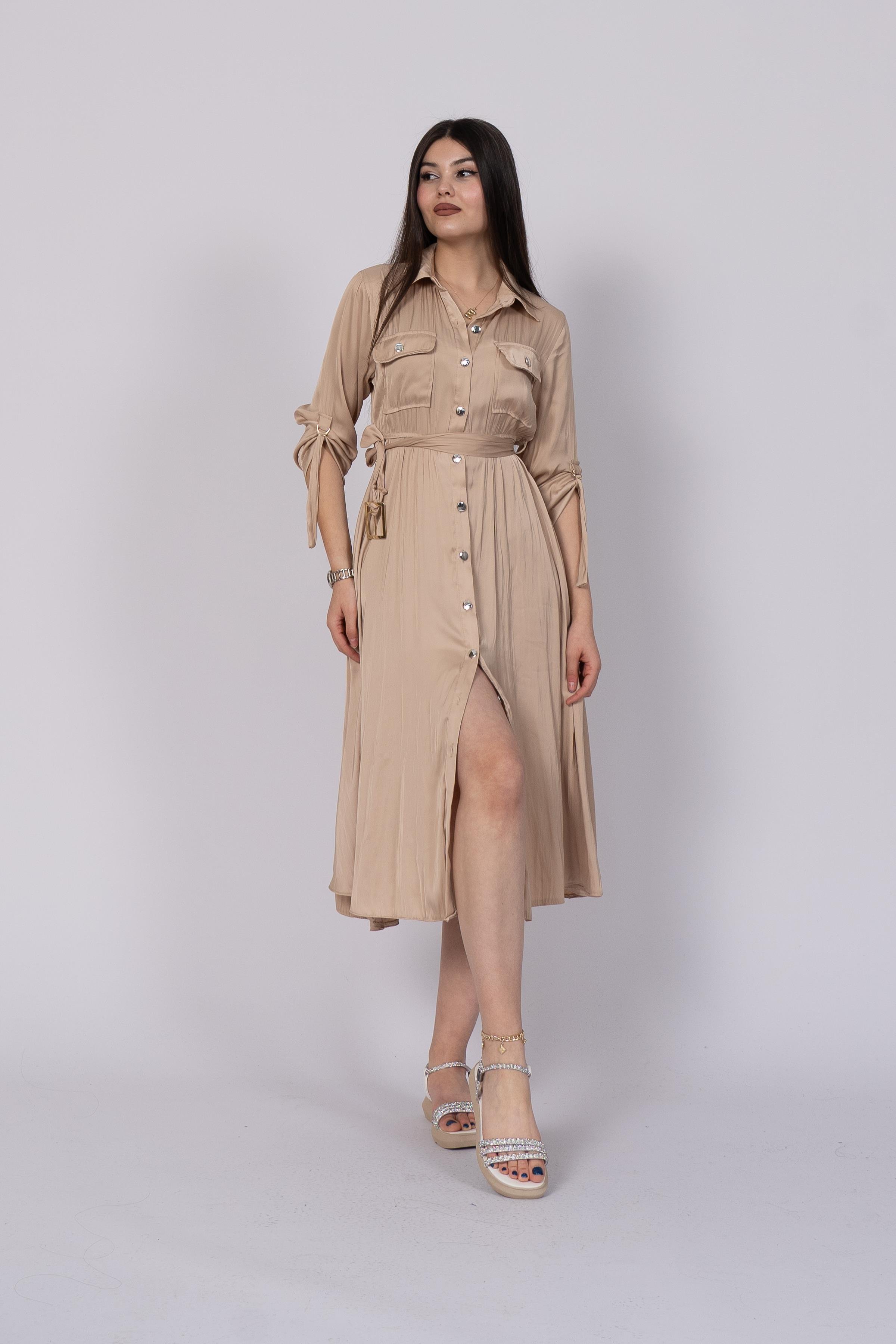 Boydan Düğmeli Beli Lastikli Ve Kemerli Saten Elbise 50306