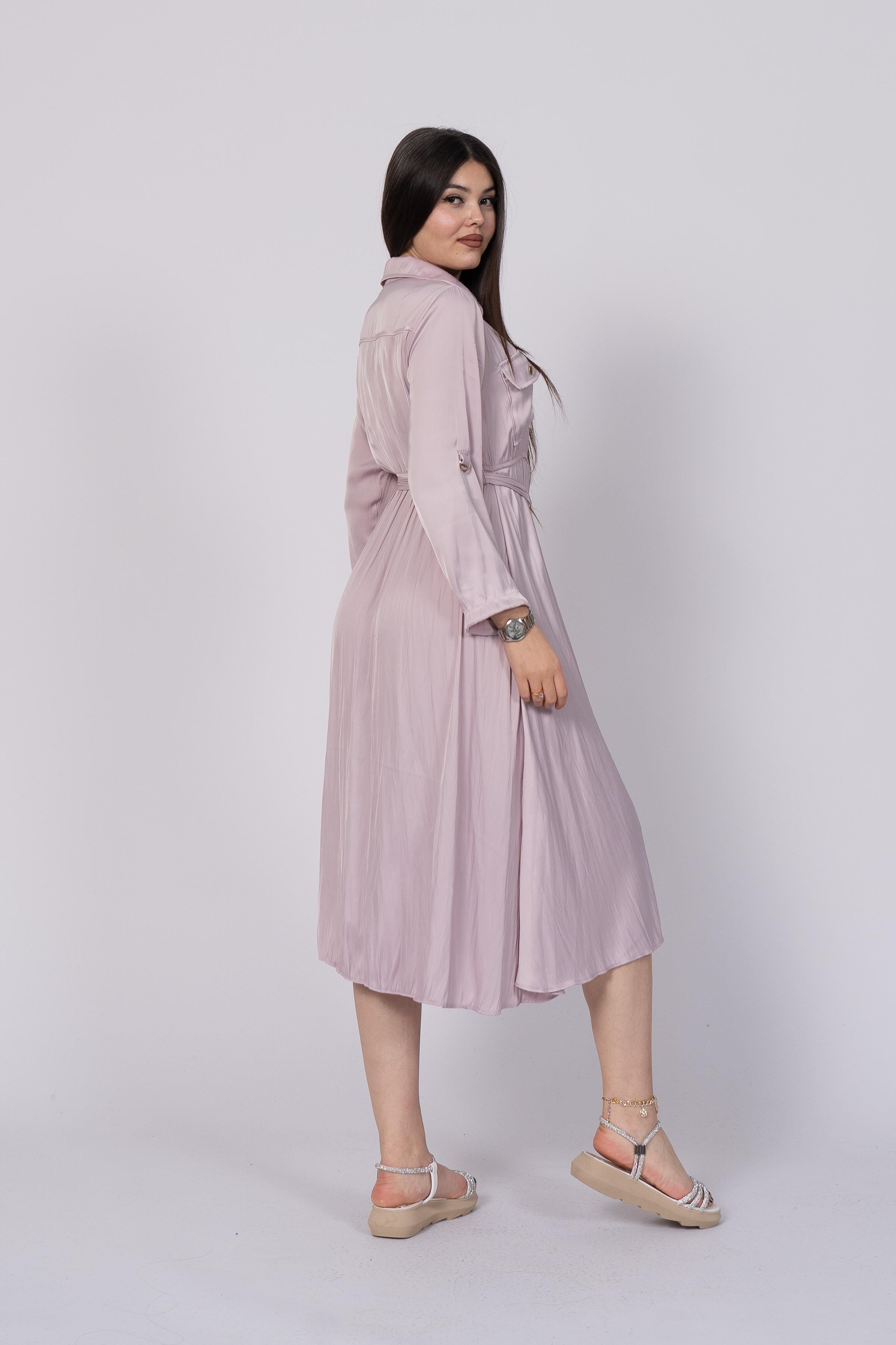 Boydan Düğmeli Beli Lastikli Ve Kemerli Saten Elbise 50306