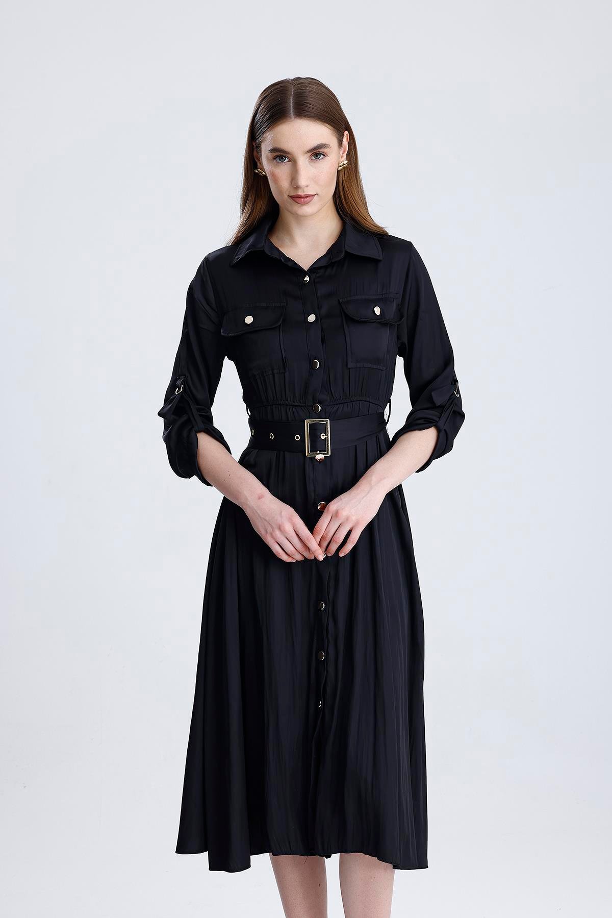 Boydan Düğmeli Beli Lastikli Ve Kemerli Saten Elbise 50306