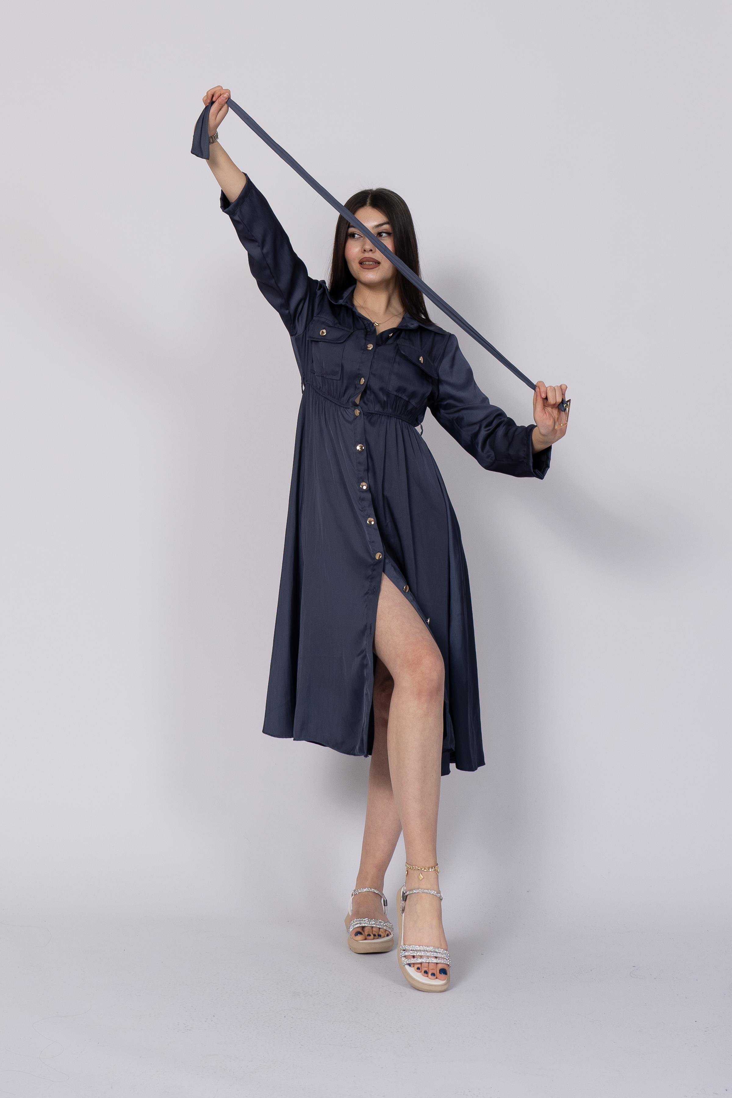 Boydan Düğmeli Beli Lastikli Ve Kemerli Saten Elbise 50306