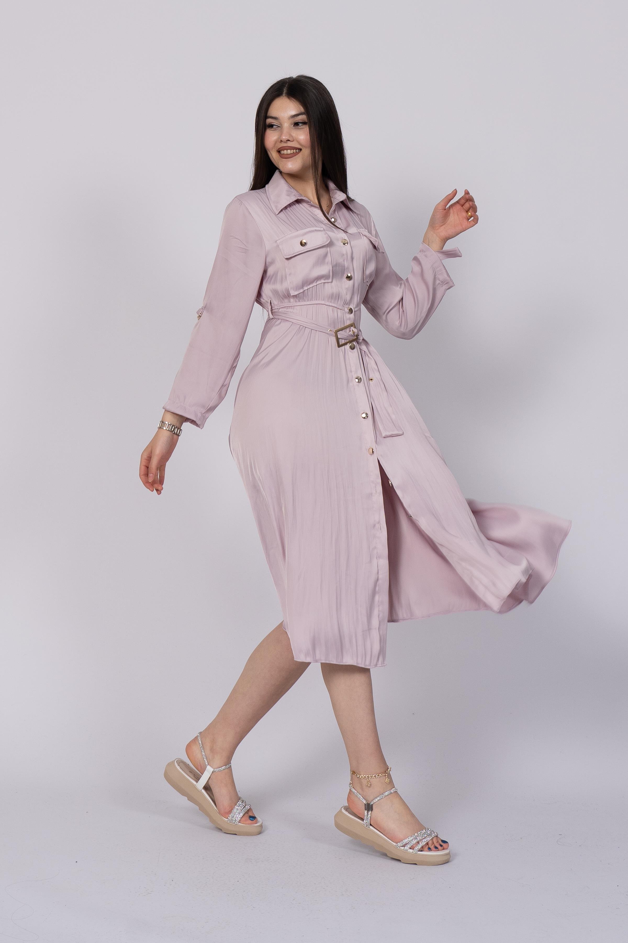 Boydan Düğmeli Beli Lastikli Ve Kemerli Saten Elbise 50306