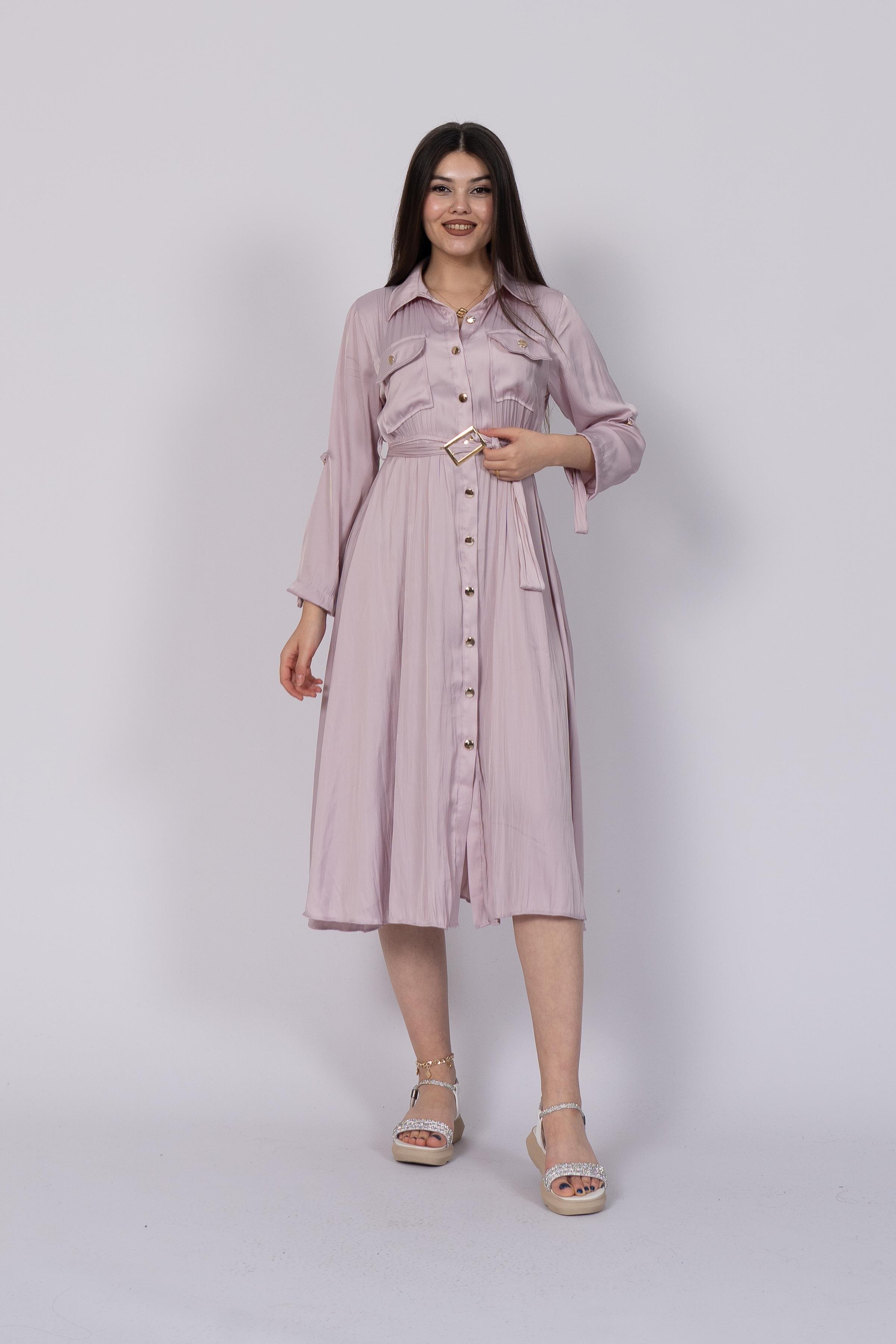 Boydan Düğmeli Beli Lastikli Ve Kemerli Saten Elbise 50306