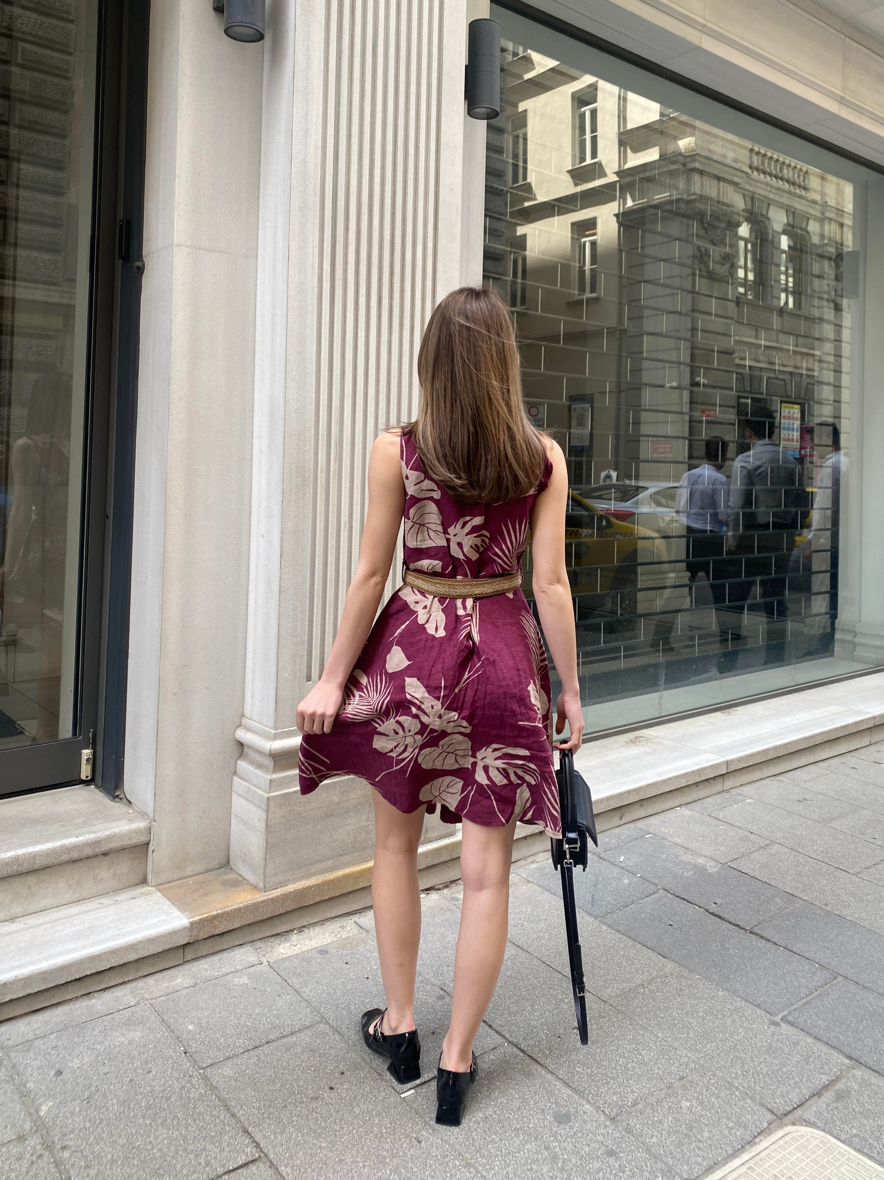 Çiçek Desenli Kemerli Keten Kumaş Elbise 50316