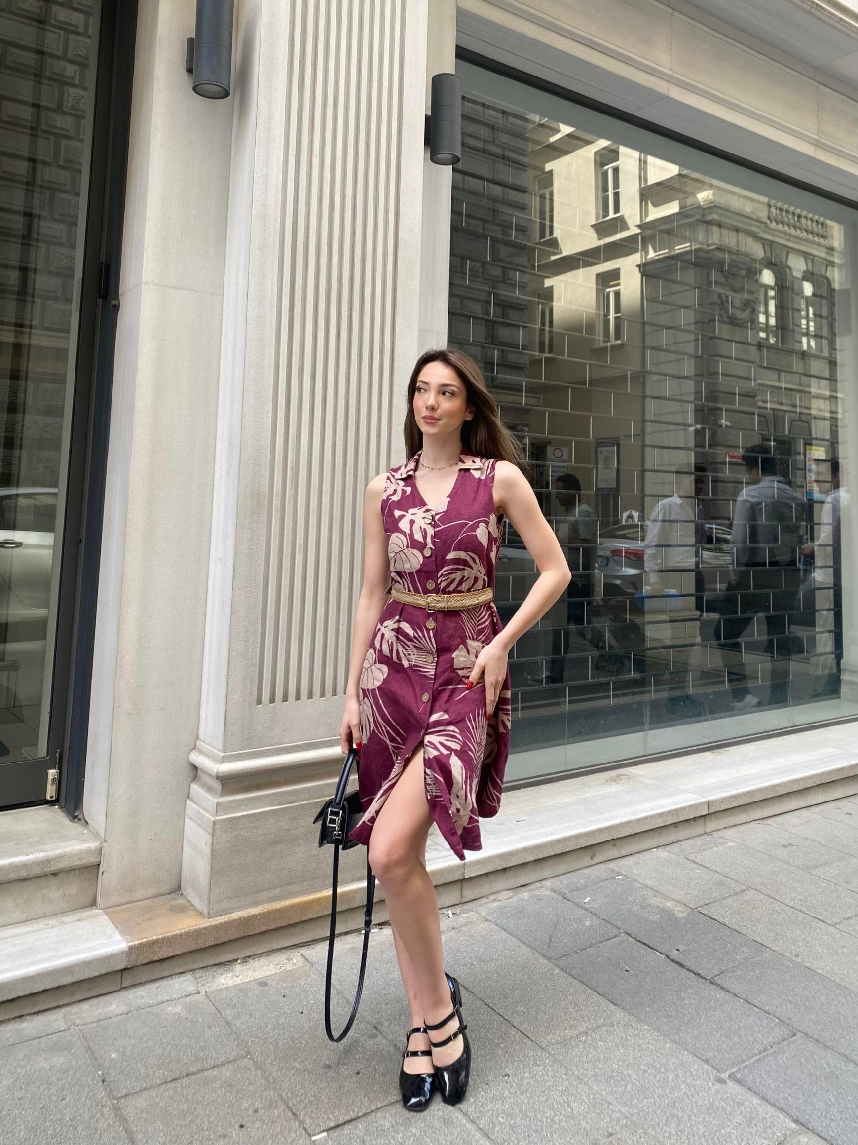 Çiçek Desenli Kemerli Keten Kumaş Elbise 50316