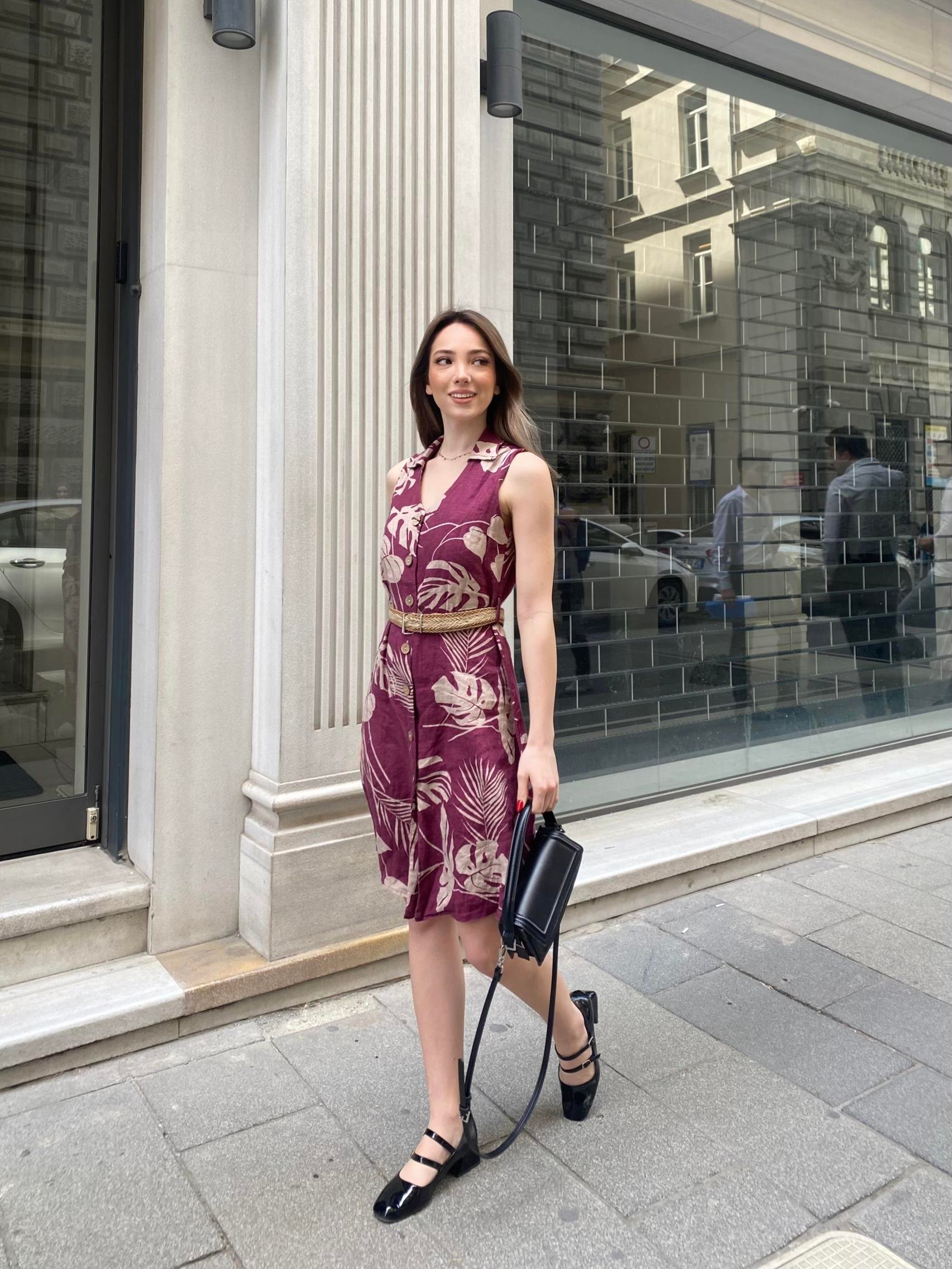 Çiçek Desenli Kemerli Keten Kumaş Elbise 50316