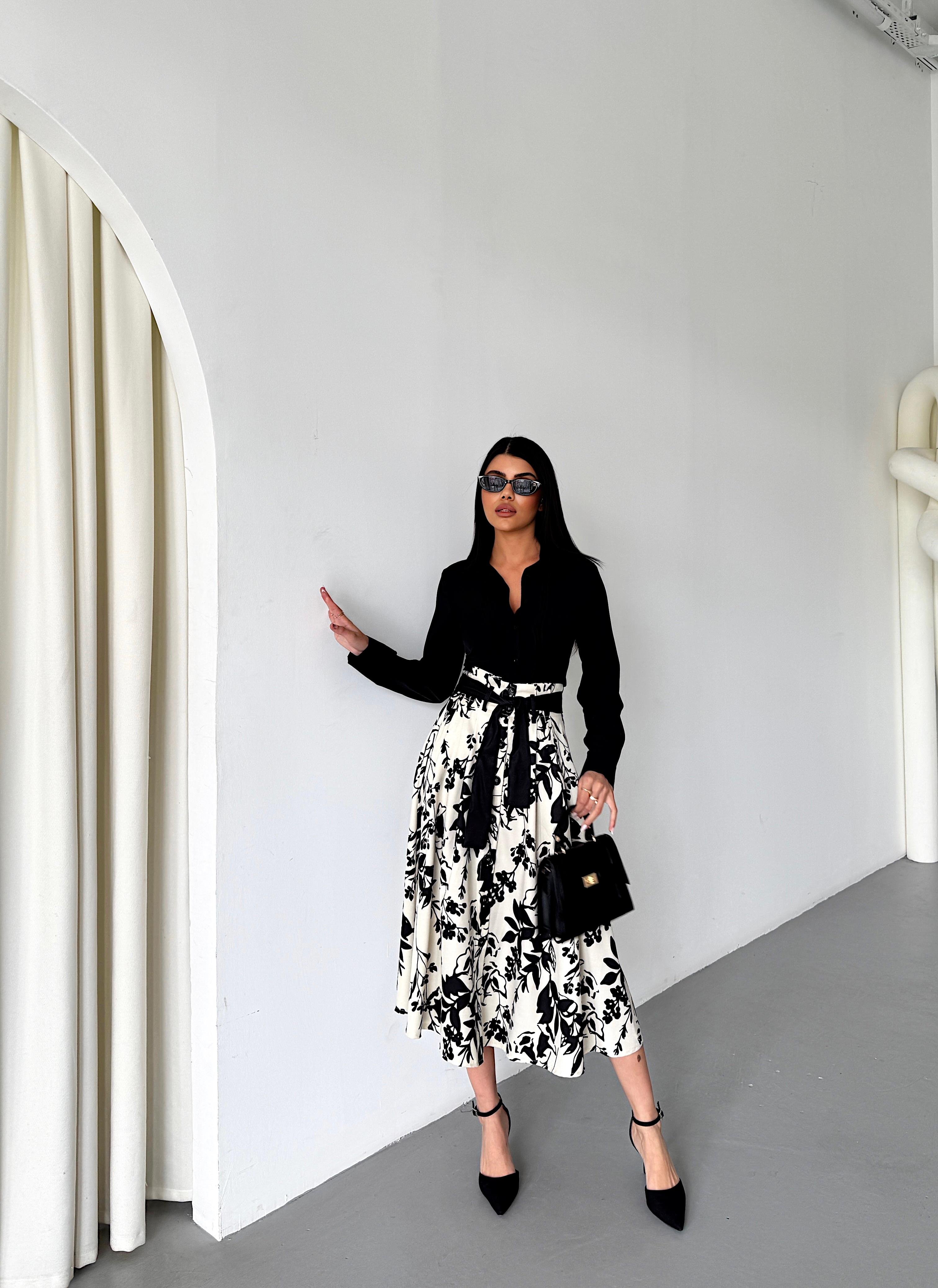 Çiçek Desenli Pilili Kuşaklı Etek 6735