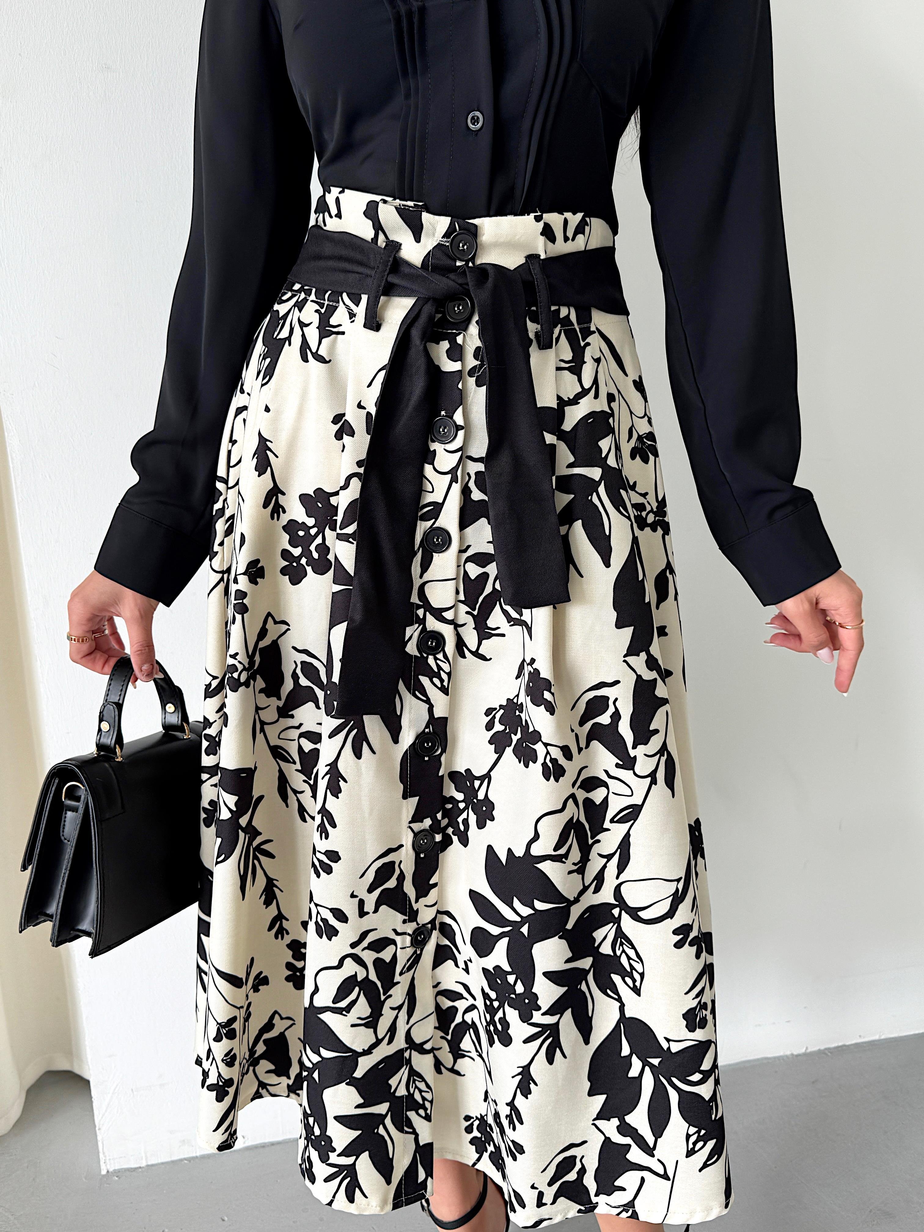 Çiçek Desenli Pilili Kuşaklı Etek 6735