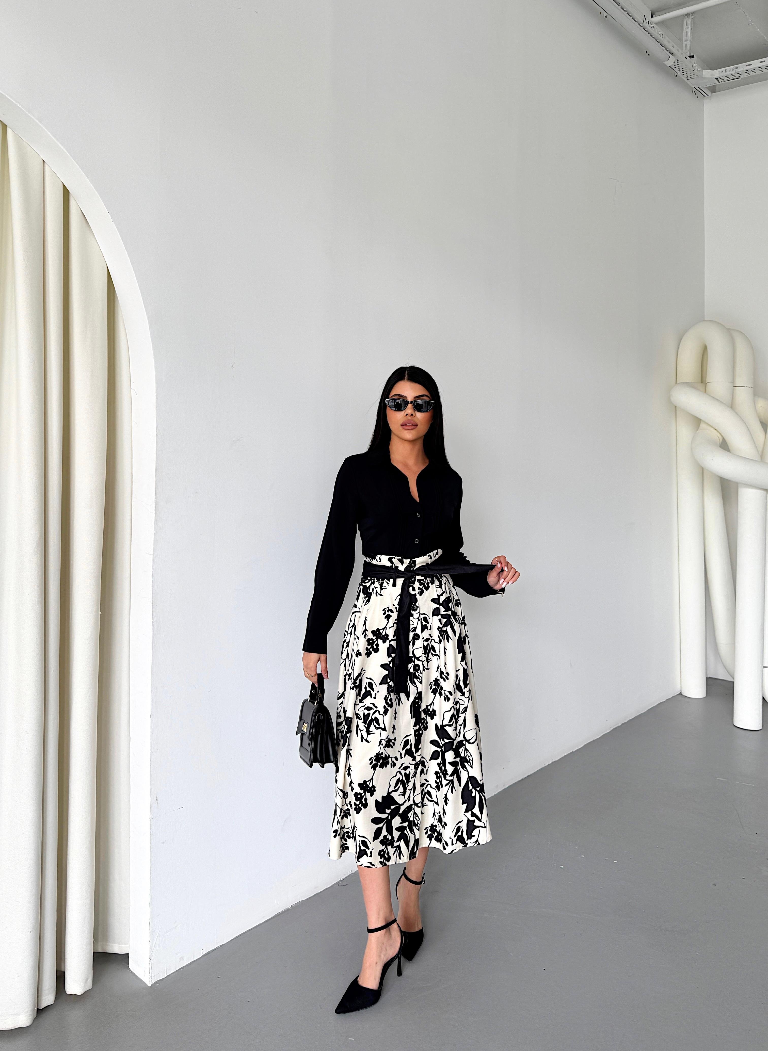 Çiçek Desenli Pilili Kuşaklı Etek 6735