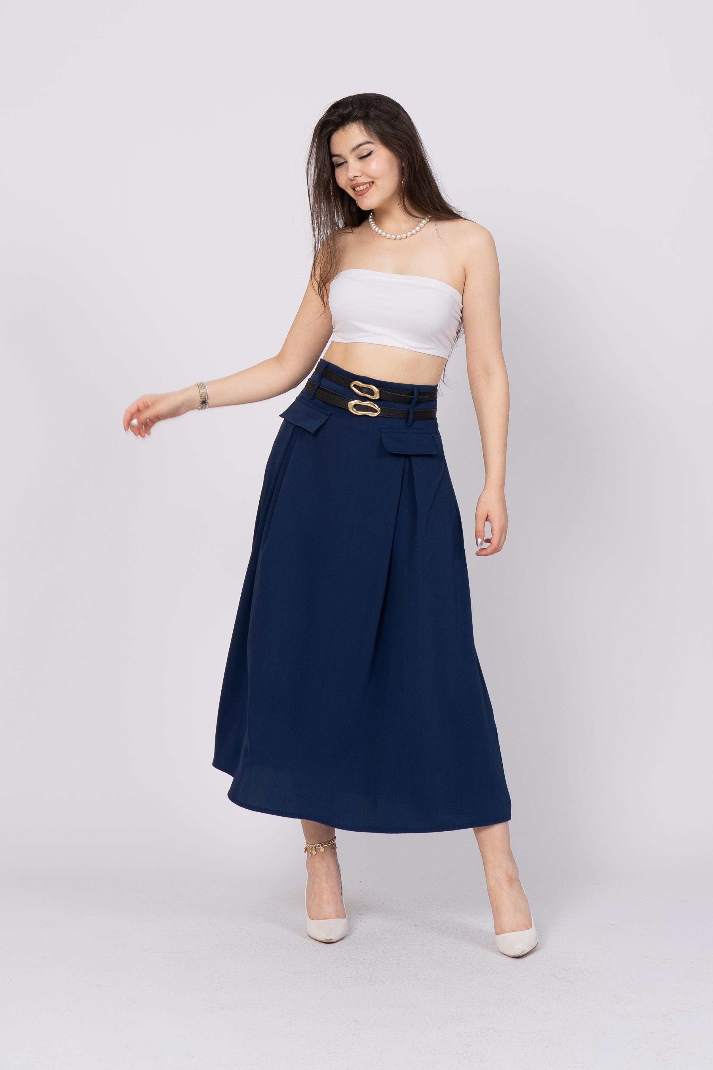 Çift Kemerli Üst Cep Detaylı Etek 6789