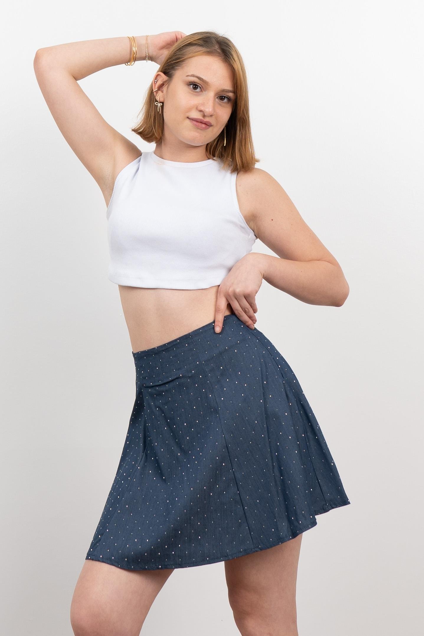 Denim ince Tensel Kumaş Taşlı Etek 6794