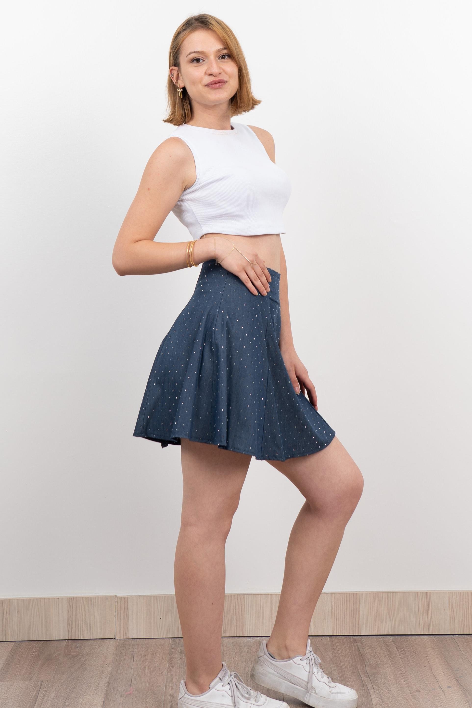 Denim ince Tensel Kumaş Taşlı Etek 6794