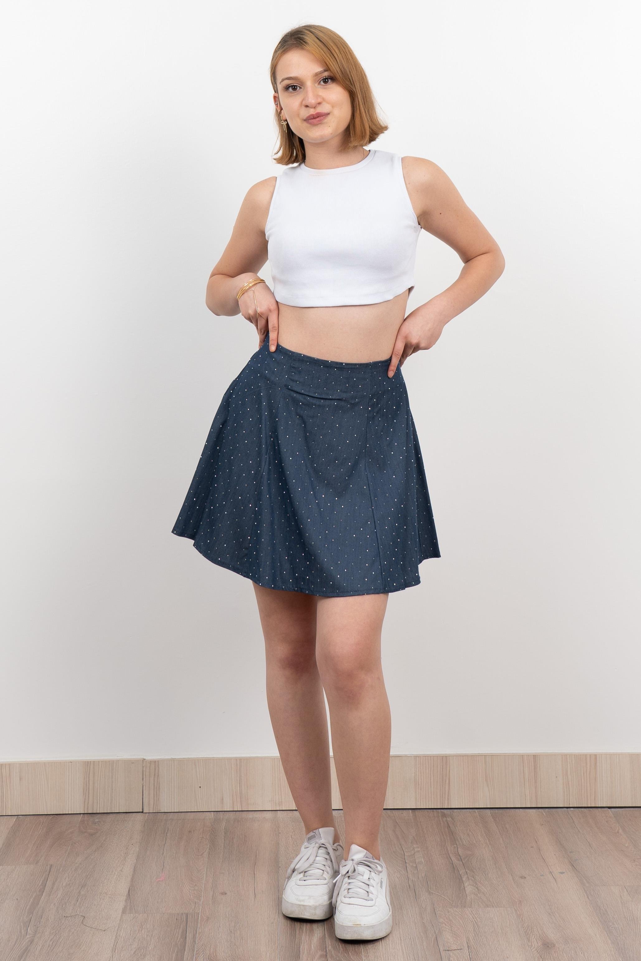 Denim ince Tensel Kumaş Taşlı Etek 6794