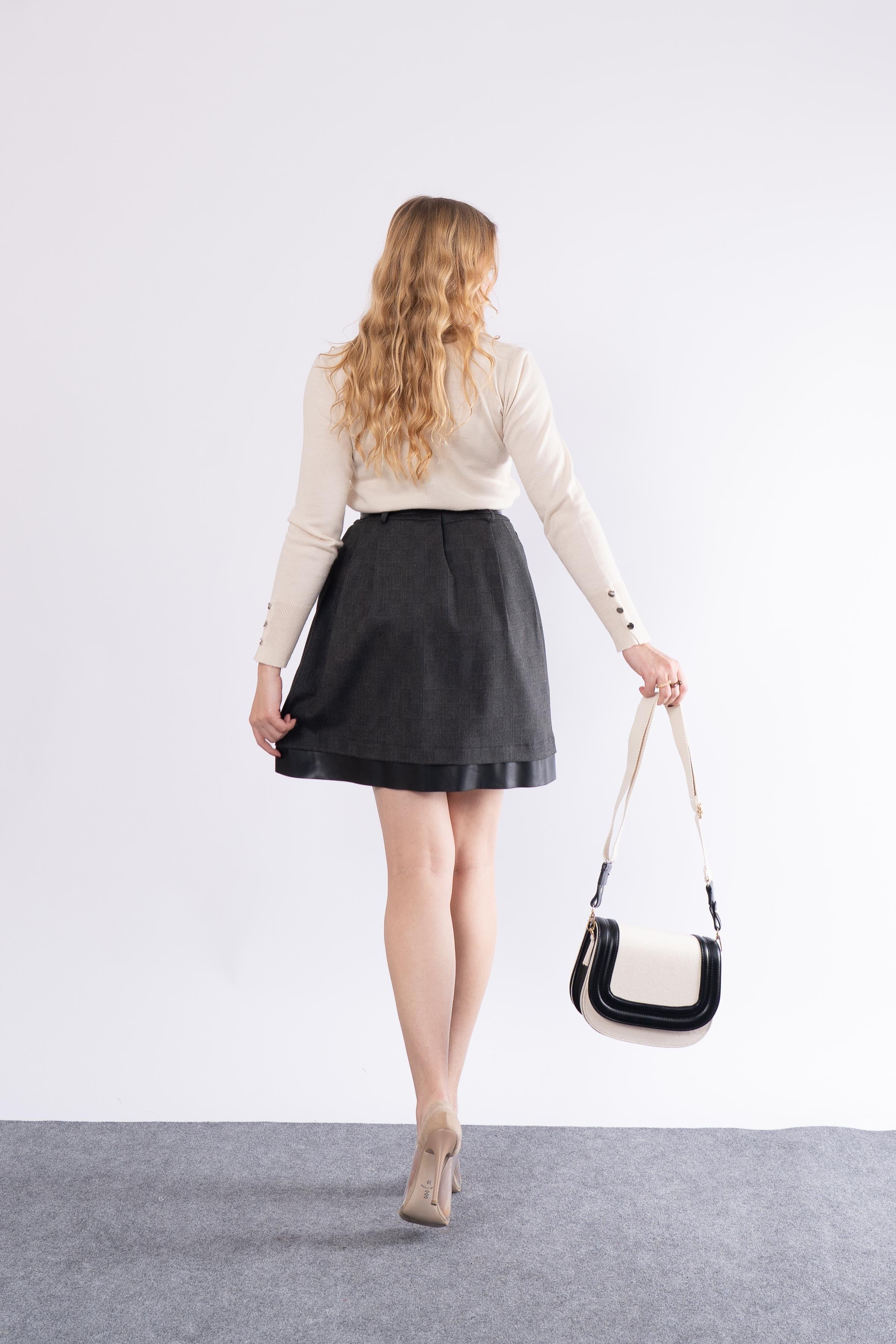 Deri Parçalı Kemerli Pileli Etek 6740