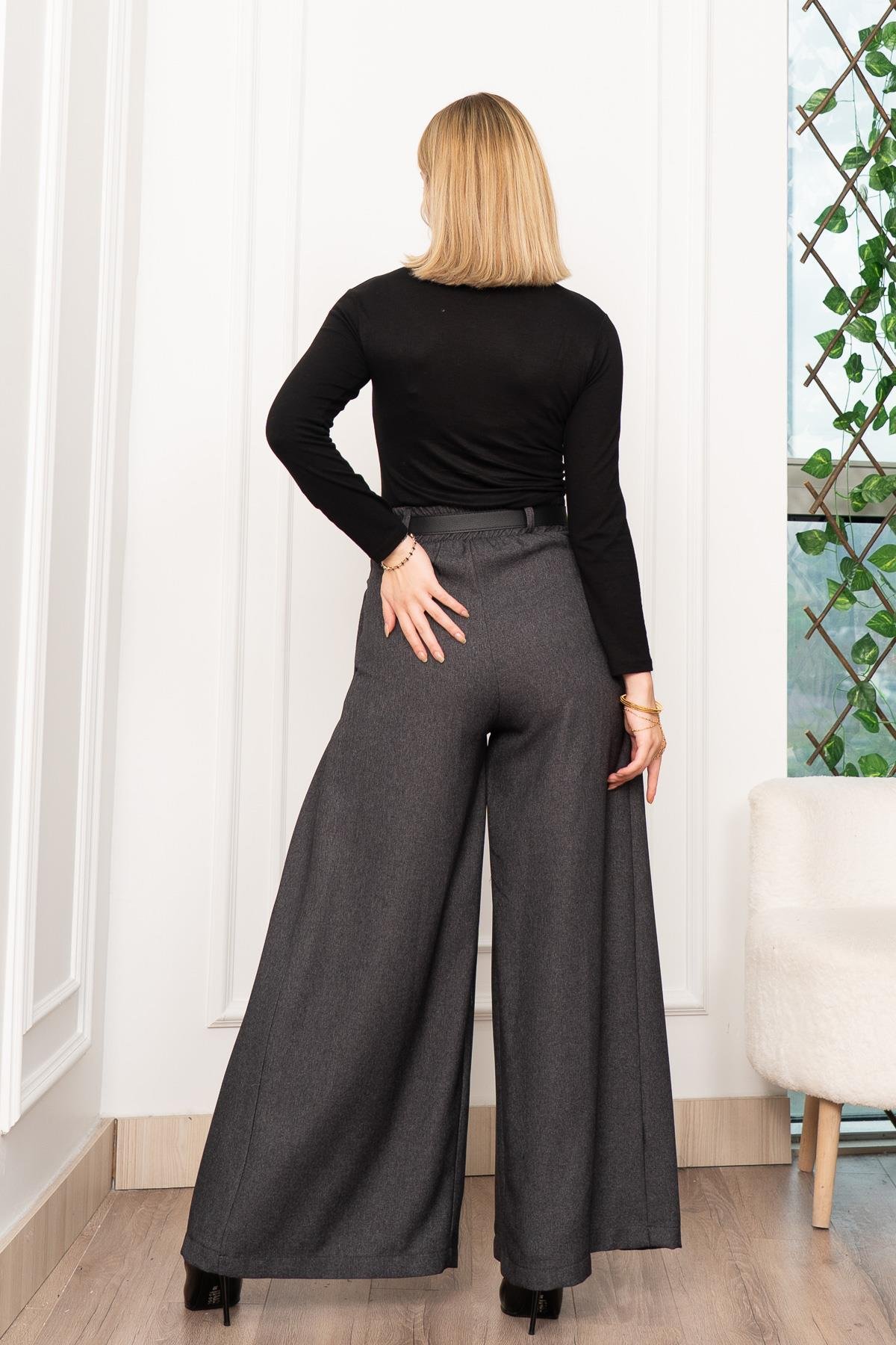 Dikiş Pilili Bol Paça Kemerli Pantolon 30183