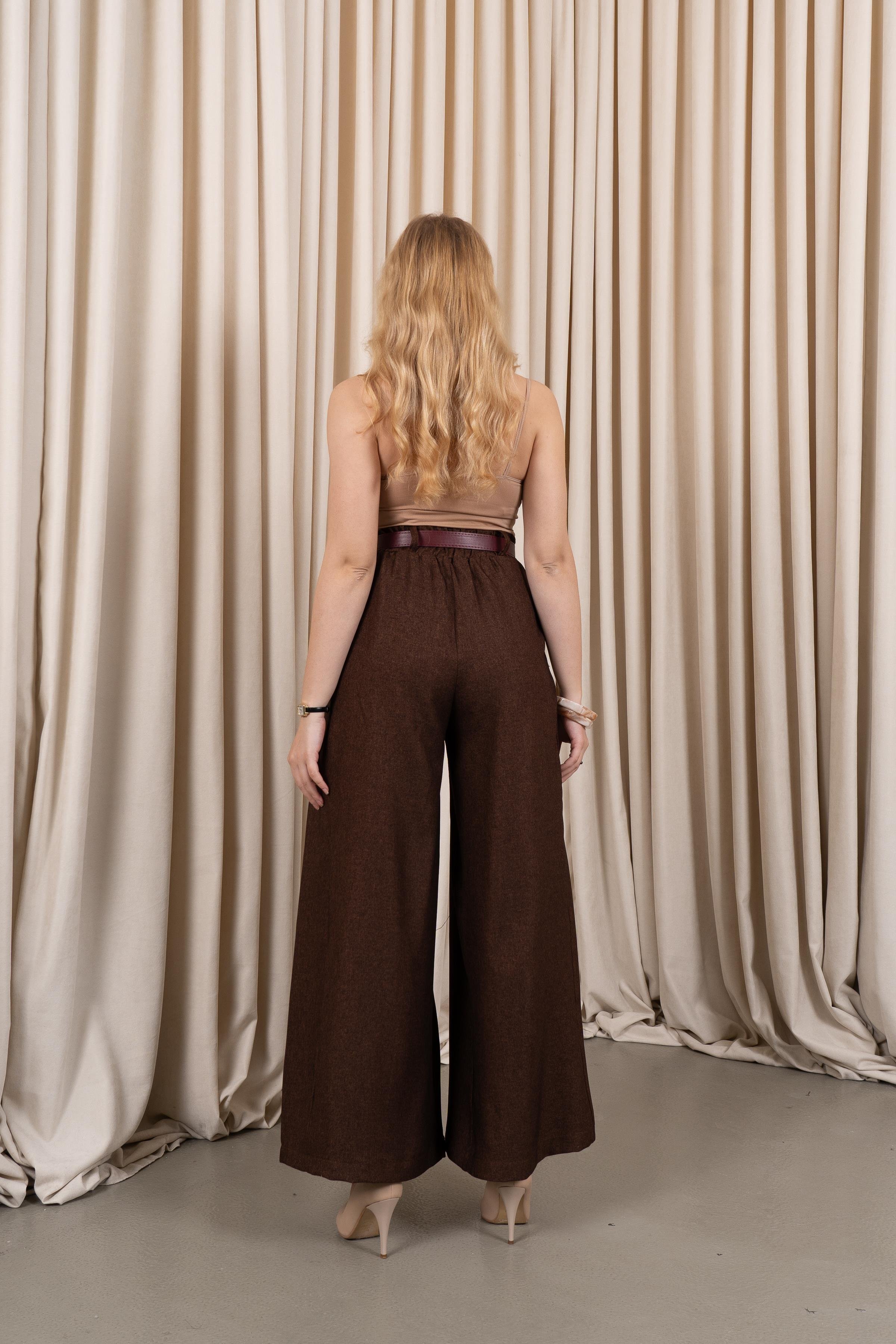 Dikiş Pilili Bol Paça Kemerli Pantolon 30183