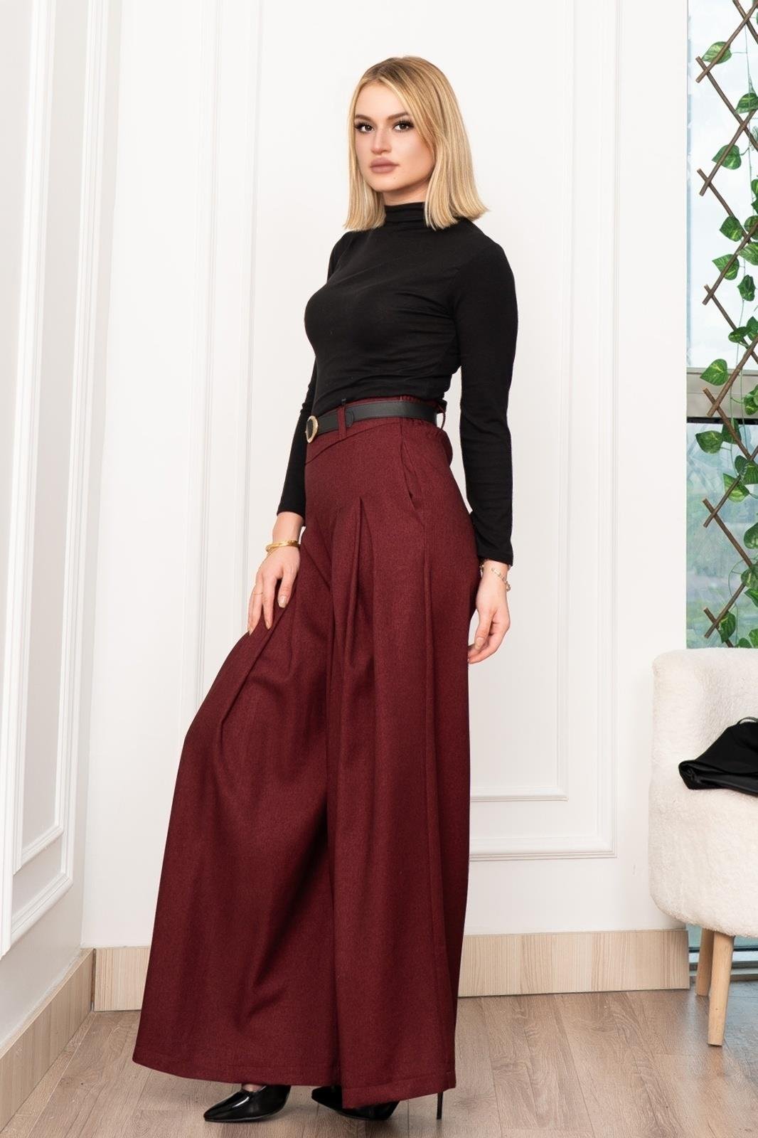 Dikiş Pilili Bol Paça Kemerli Pantolon 30183