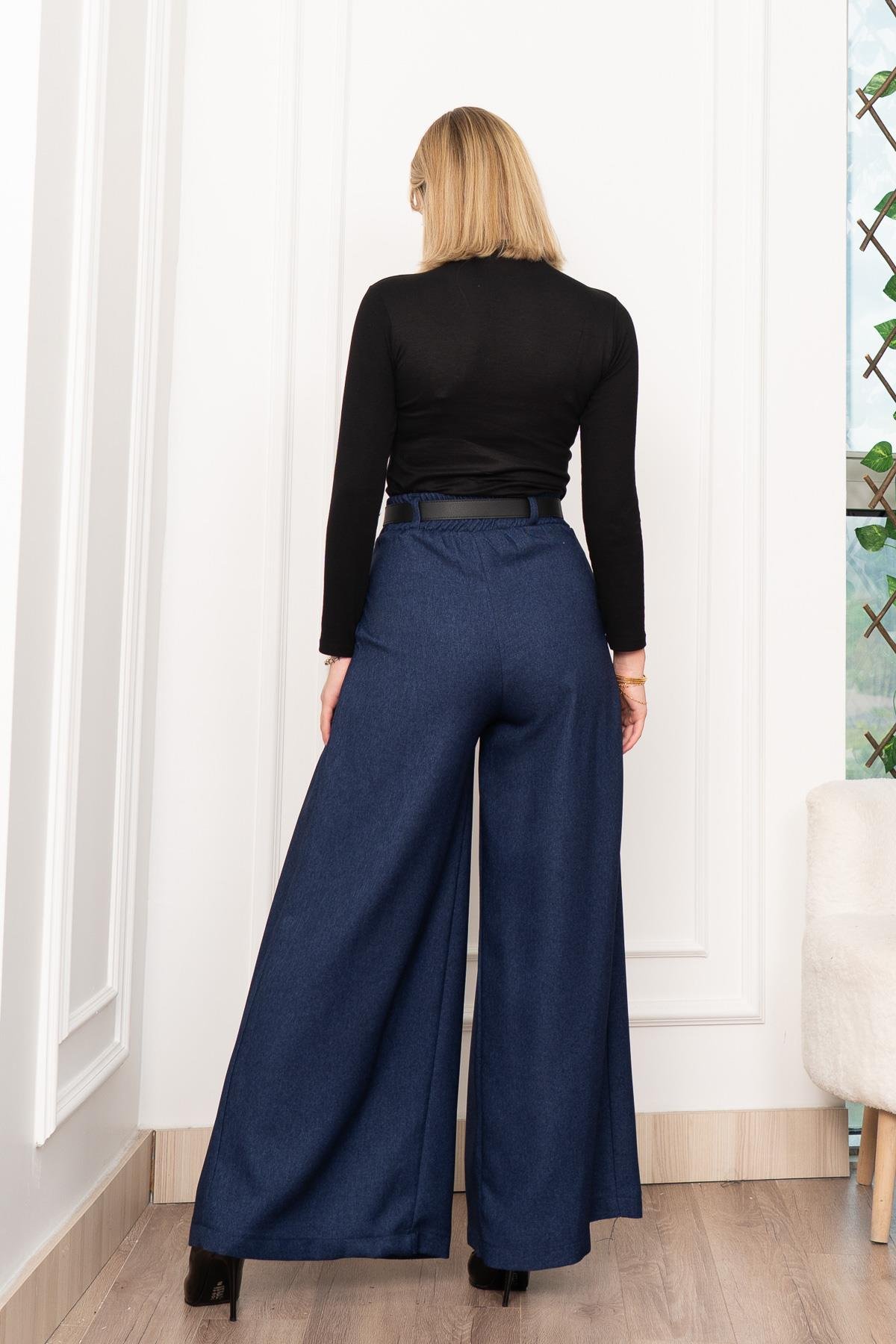 Dikiş Pilili Bol Paça Kemerli Pantolon 30183