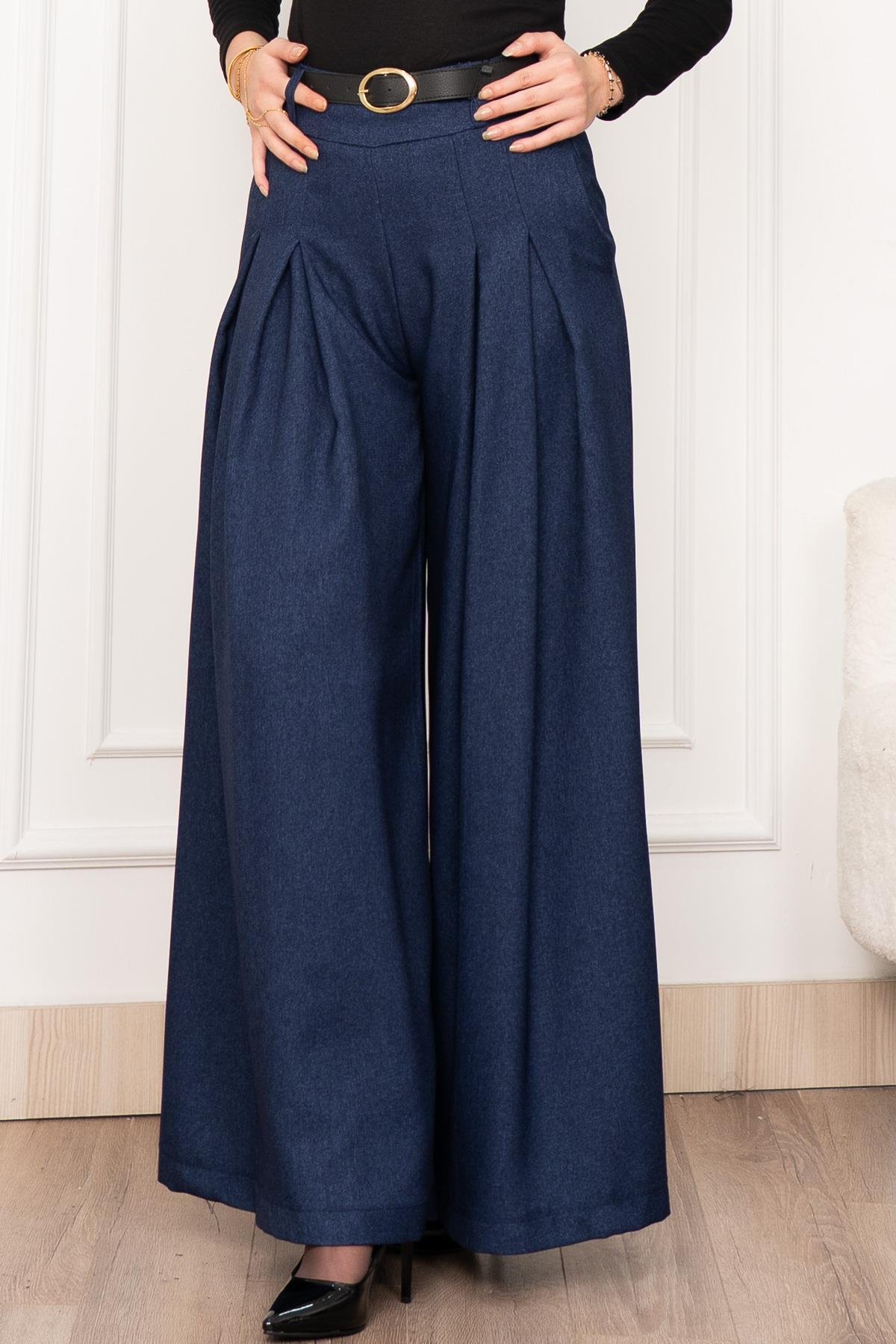 Dikiş Pilili Bol Paça Kemerli Pantolon 30183