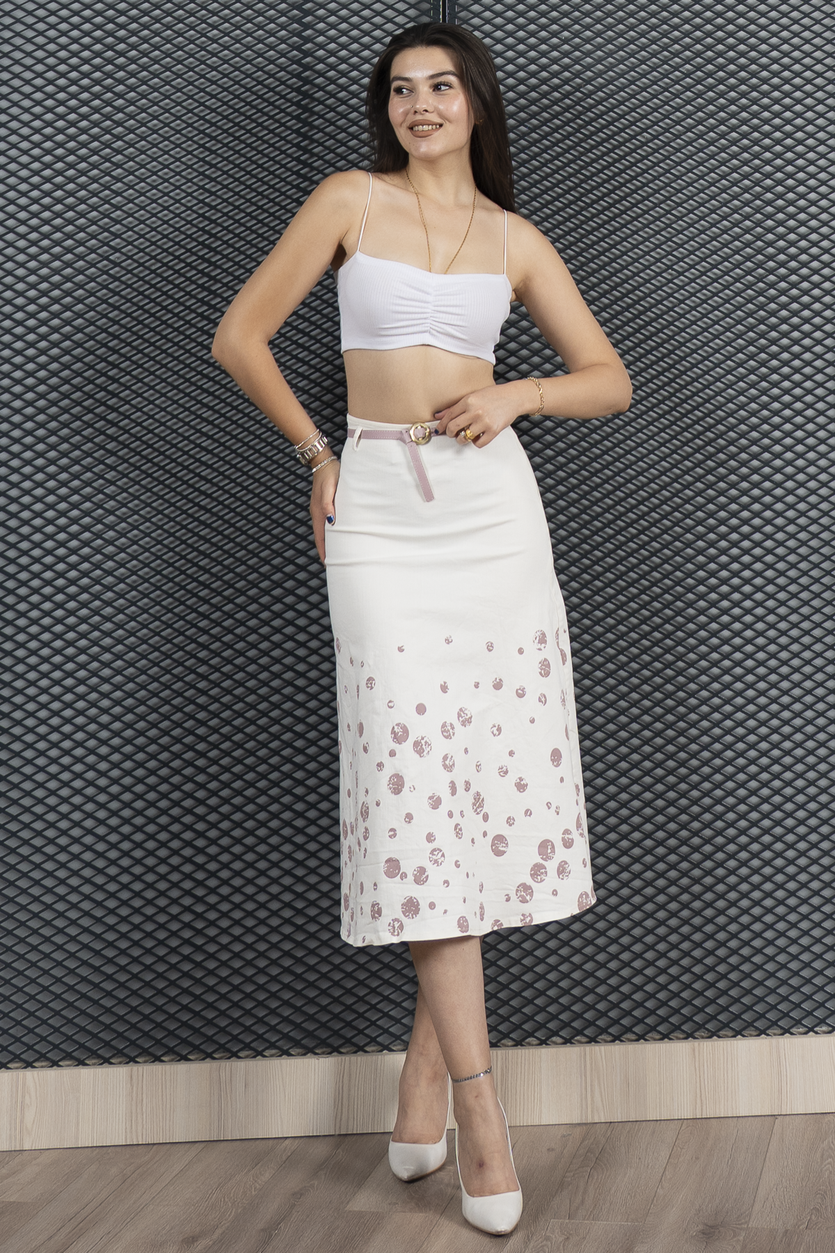 Etek Ucu Desenli Kemerli Çan Etek 6810