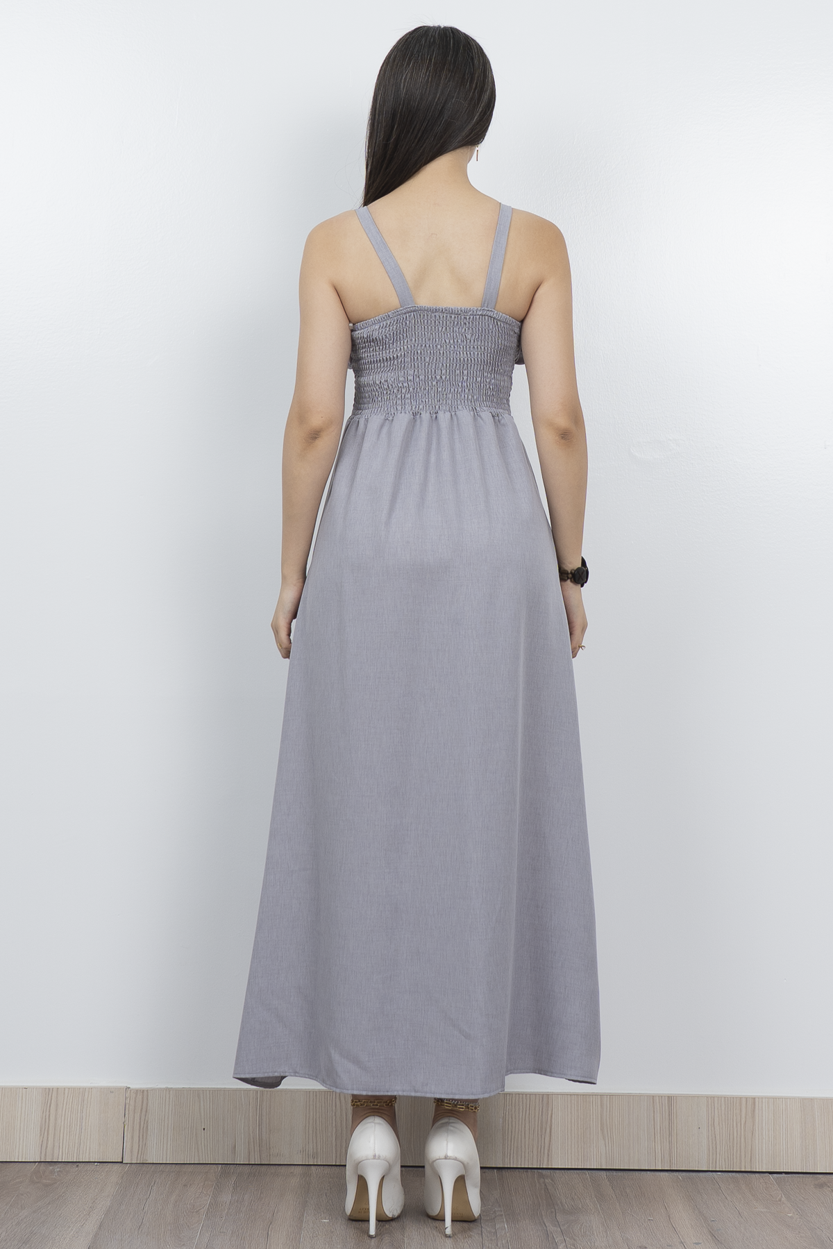 Göğüs Büzgülü Önden Yırtmaçlı Askılı Uzun Elbise 50322