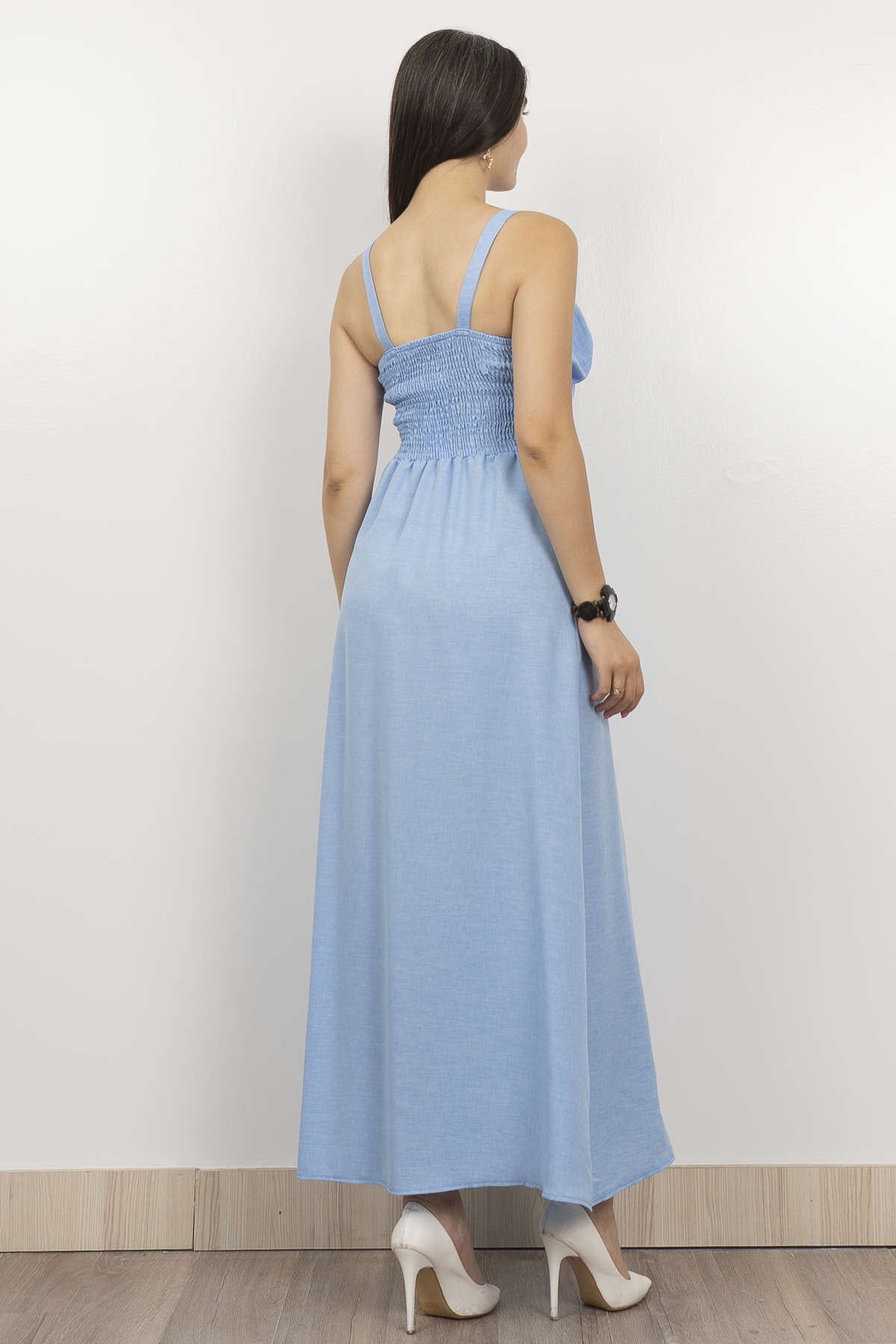 Göğüs Büzgülü Önden Yırtmaçlı Askılı Uzun Elbise 50322