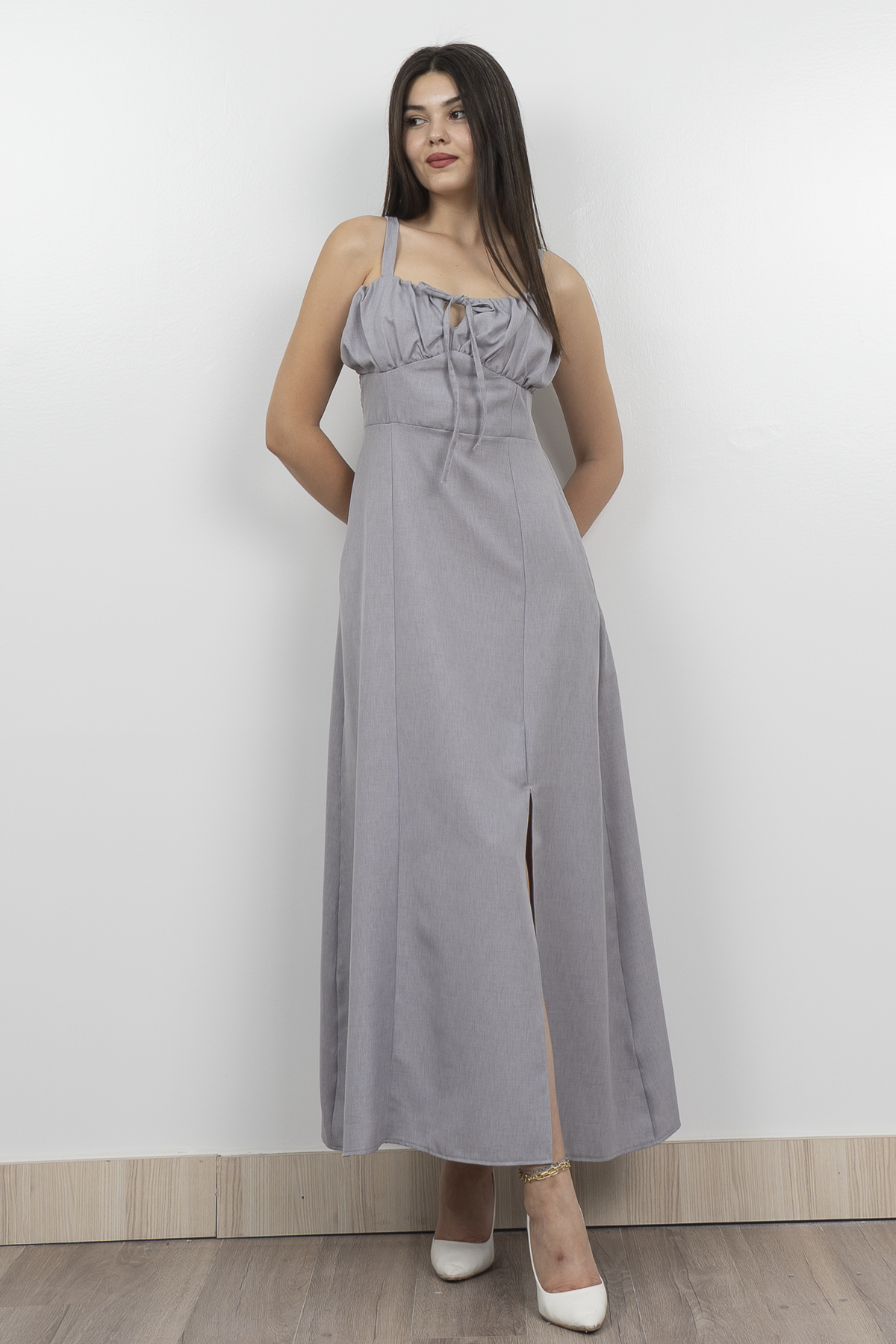 Göğüs Büzgülü Önden Yırtmaçlı Askılı Uzun Elbise 50322