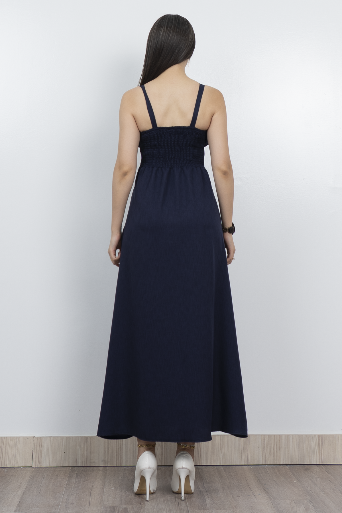 Göğüs Büzgülü Önden Yırtmaçlı Askılı Uzun Elbise 50322