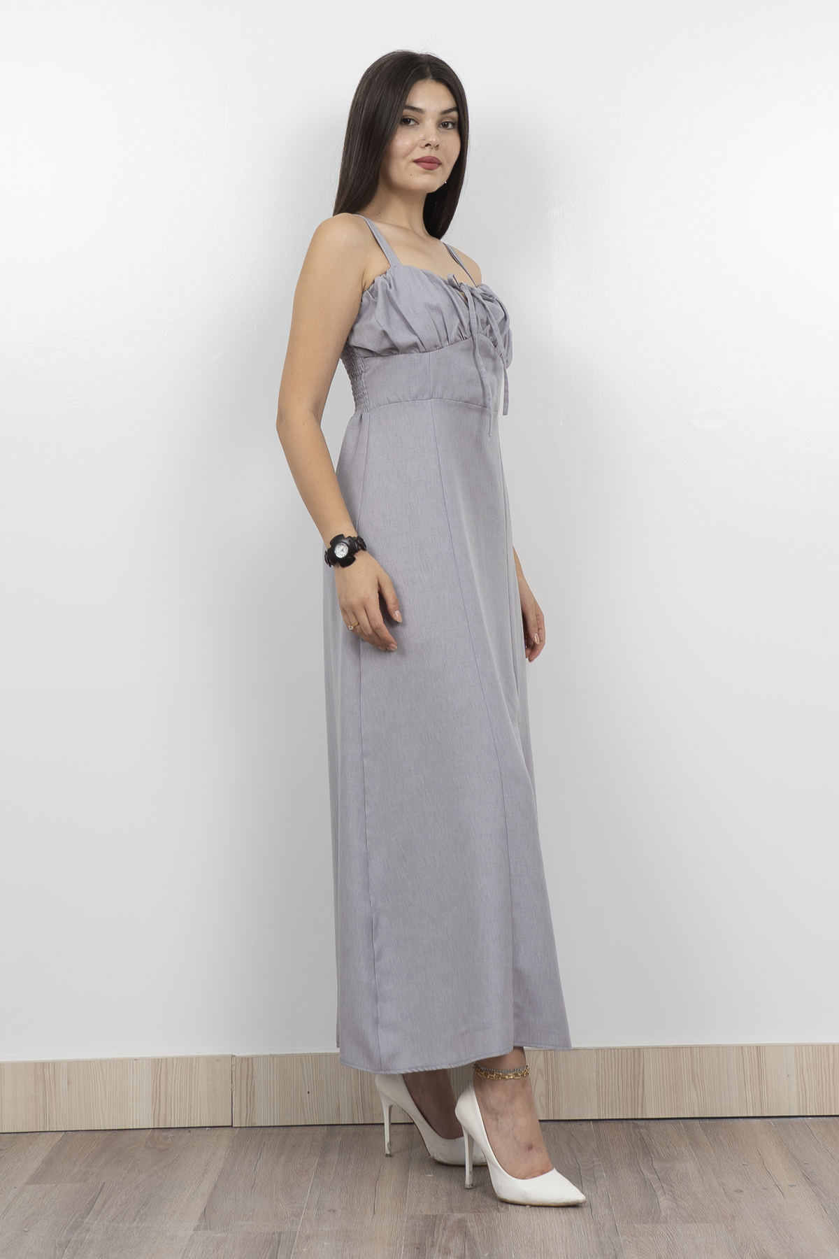 Göğüs Büzgülü Önden Yırtmaçlı Askılı Uzun Elbise 50322