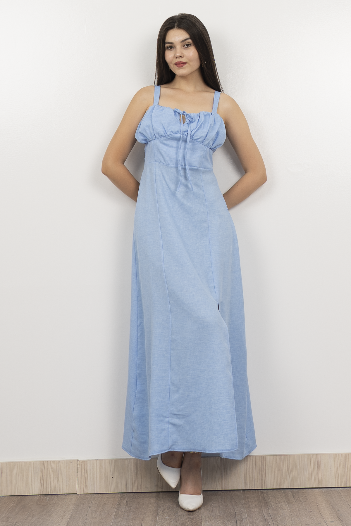 Göğüs Büzgülü Önden Yırtmaçlı Askılı Uzun Elbise 50322