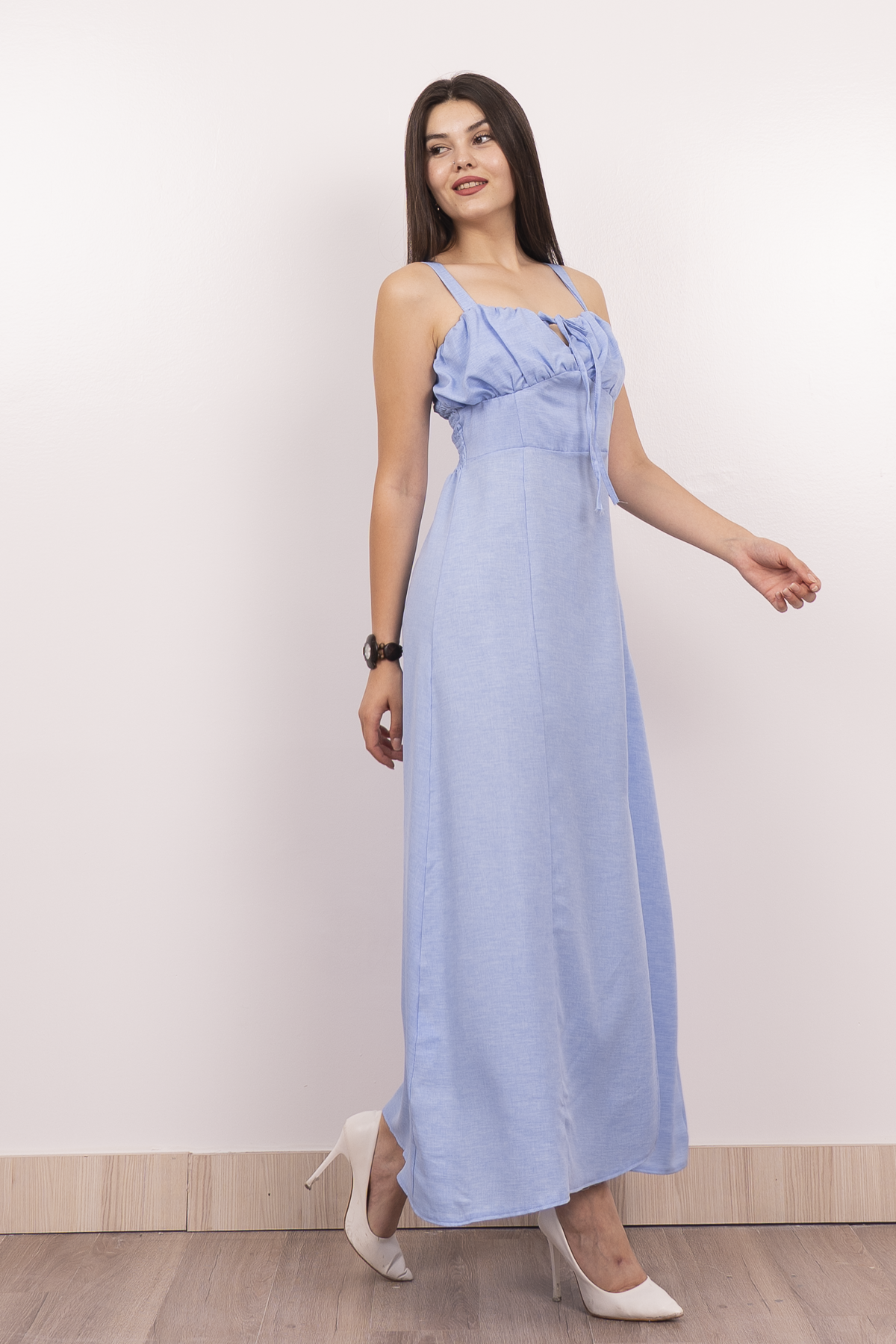 Göğüs Büzgülü Önden Yırtmaçlı Askılı Uzun Elbise 50322