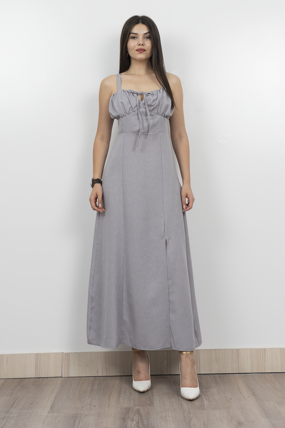 Göğüs Büzgülü Önden Yırtmaçlı Askılı Uzun Elbise 50322