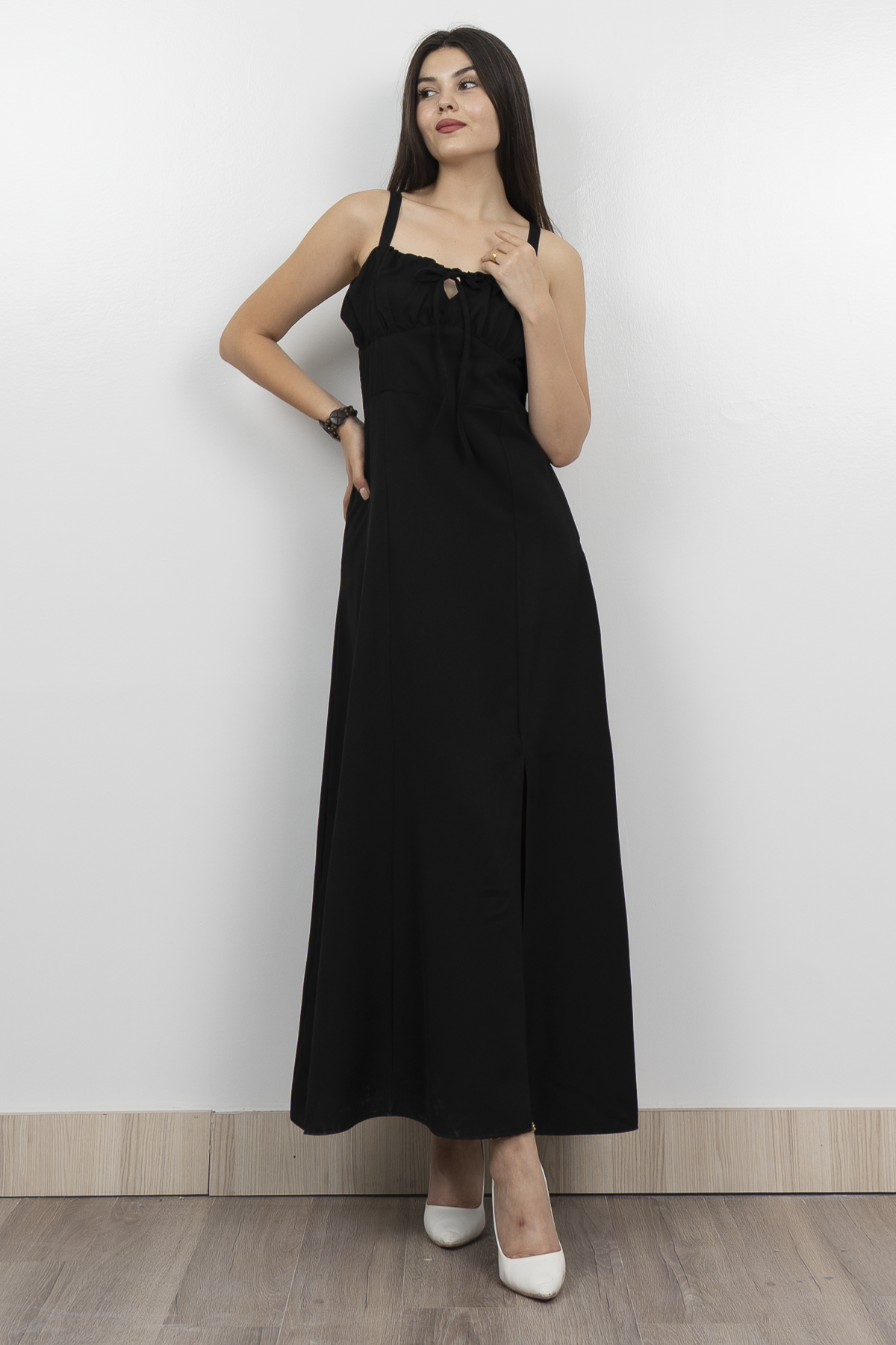 Göğüs Büzgülü Önden Yırtmaçlı Askılı Uzun Elbise 50322