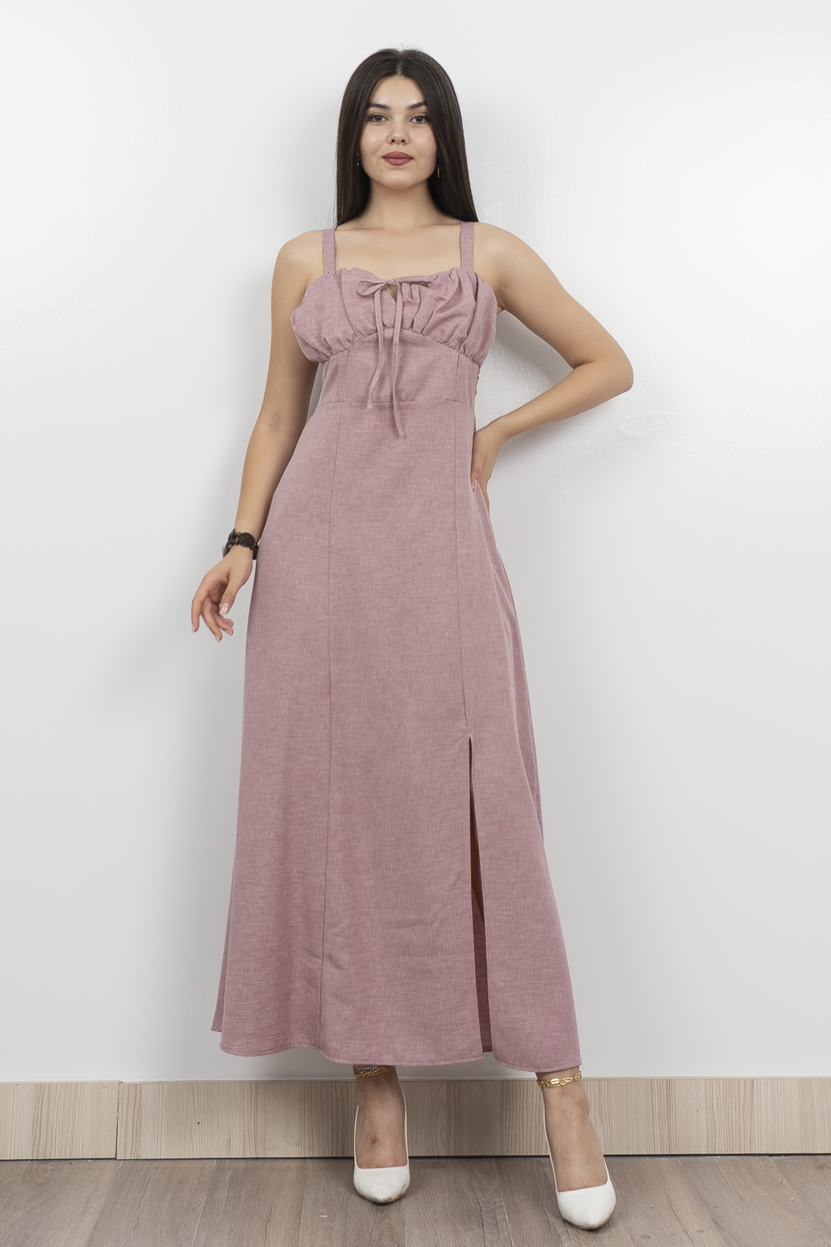 Göğüs Büzgülü Önden Yırtmaçlı Askılı Uzun Elbise 50322