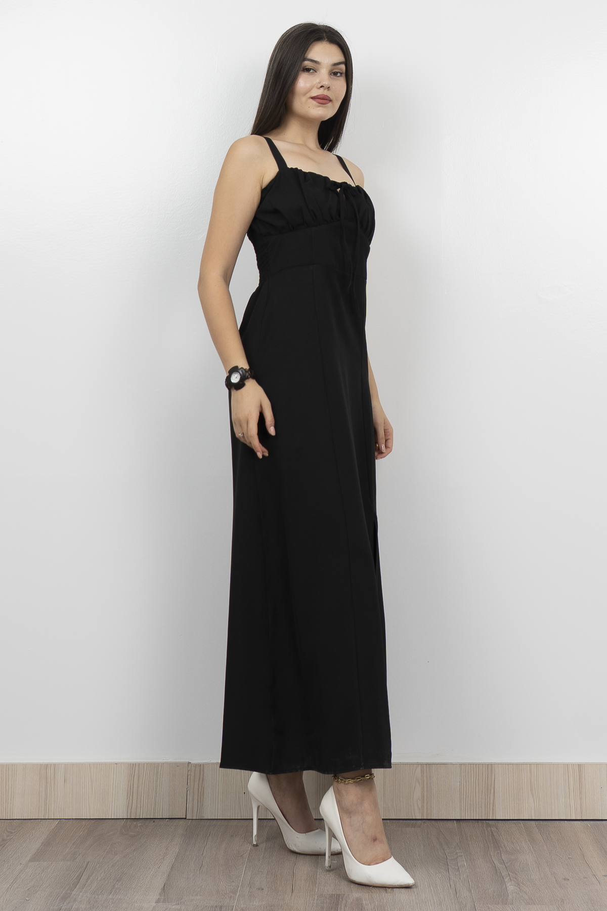 Göğüs Büzgülü Önden Yırtmaçlı Askılı Uzun Elbise 50322