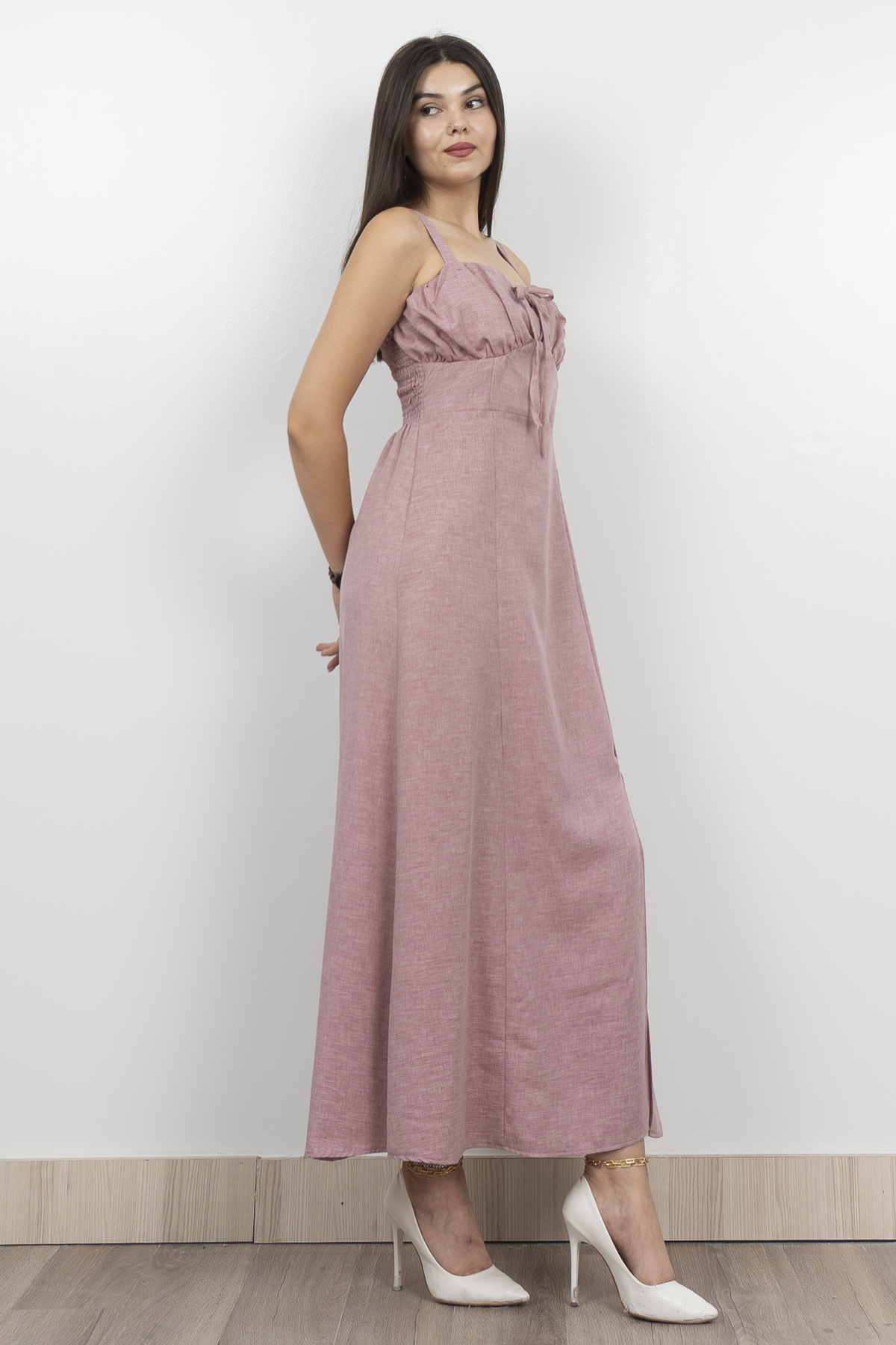 Göğüs Büzgülü Önden Yırtmaçlı Askılı Uzun Elbise 50322