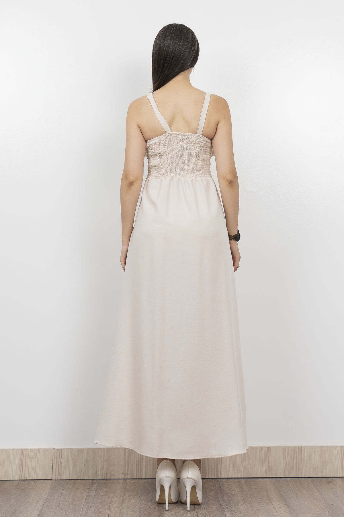 Göğüs Büzgülü Önden Yırtmaçlı Askılı Uzun Elbise 50322