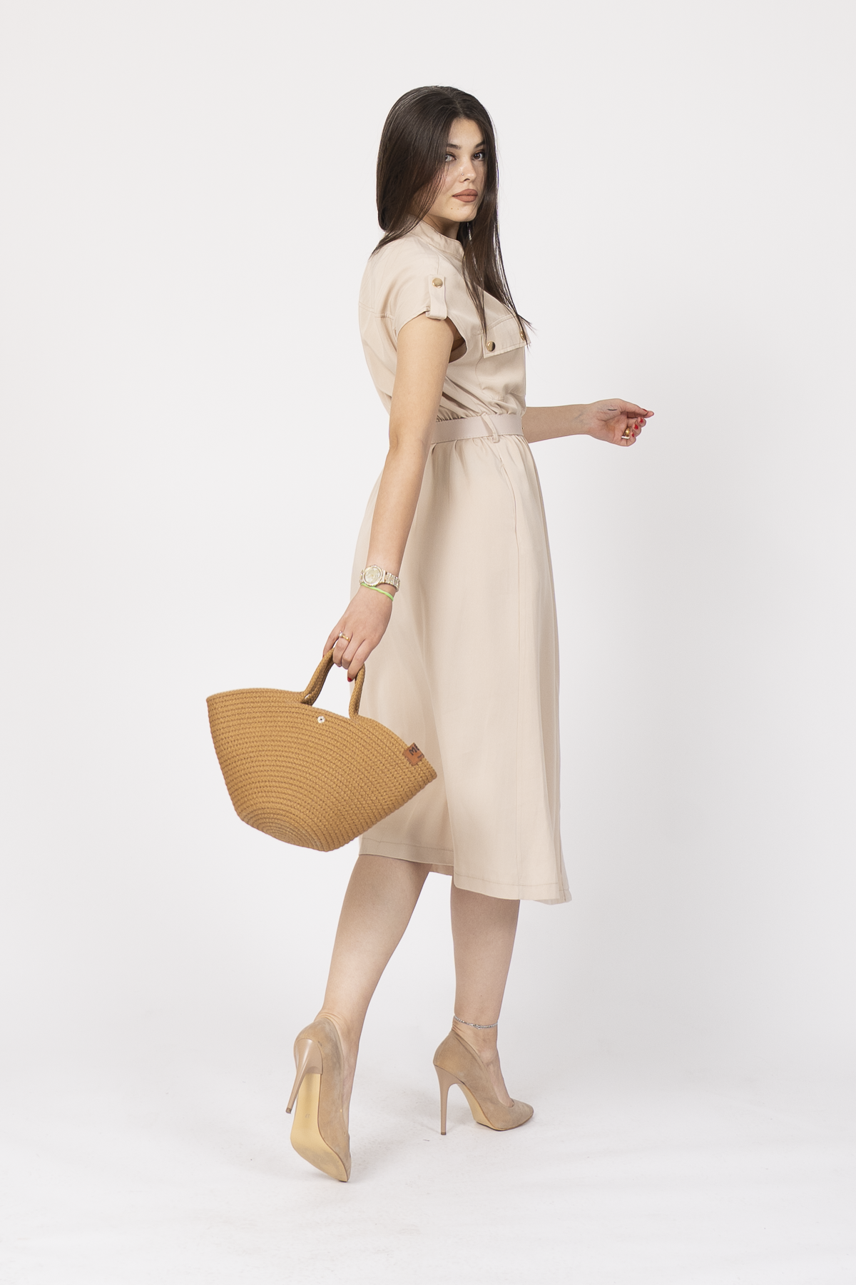 Hakim Yaka Kemerli Düğmeli Uzun Elbise 50311